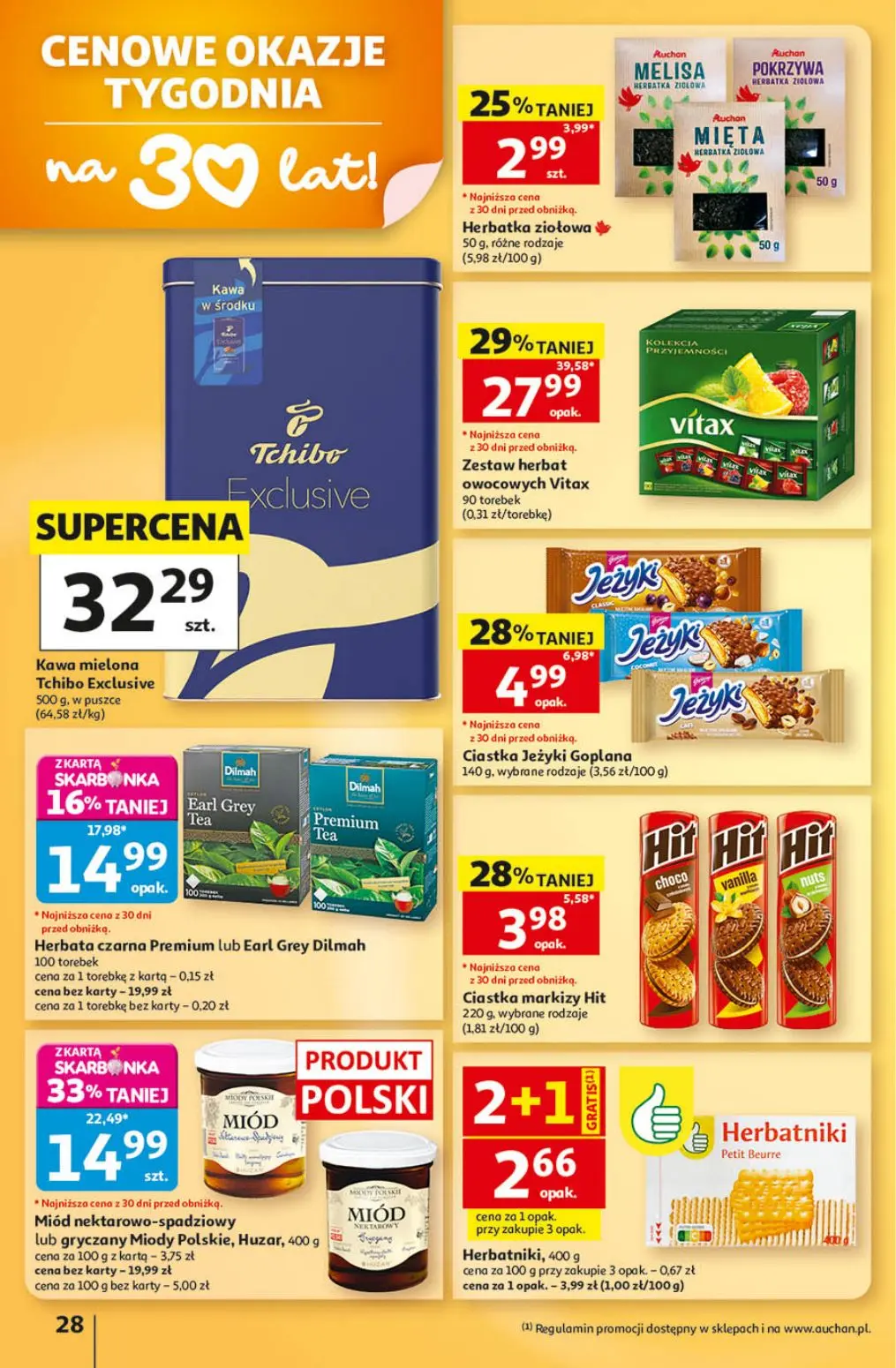 Auchan gazetka, strona 28 z 41 — Zestaw herbat owocowych Vitax, Miód nektarowo-spadziowy lub gryczany Miody Polskie, Huzar, …