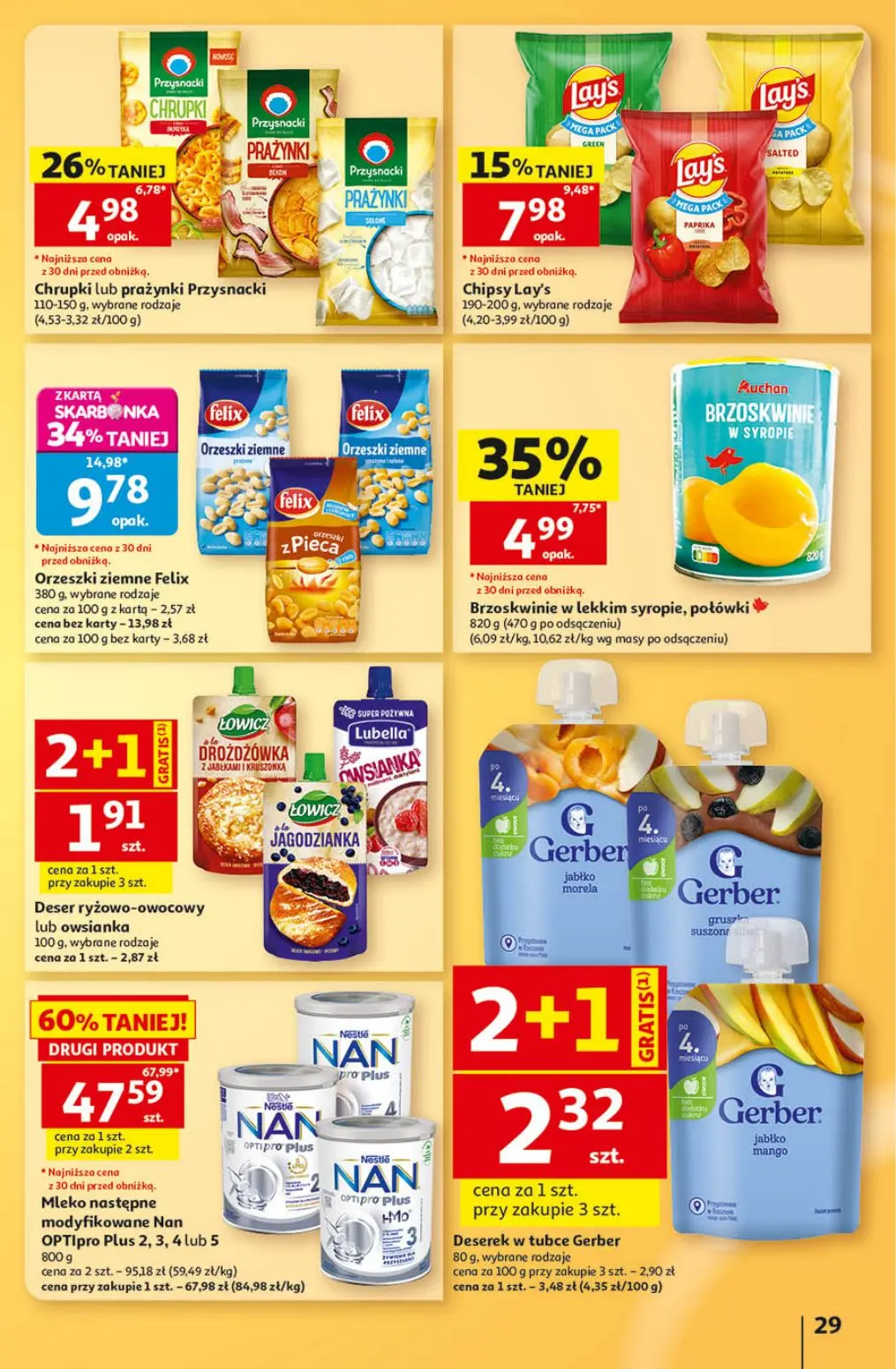 Auchan gazetka, strona 29 z 41 — Mleko następne modyfikowane Nan OPTIpro Plus 2, 3, 4 lub 5, Orzeszki ziemne Felix, Brzoskwi…