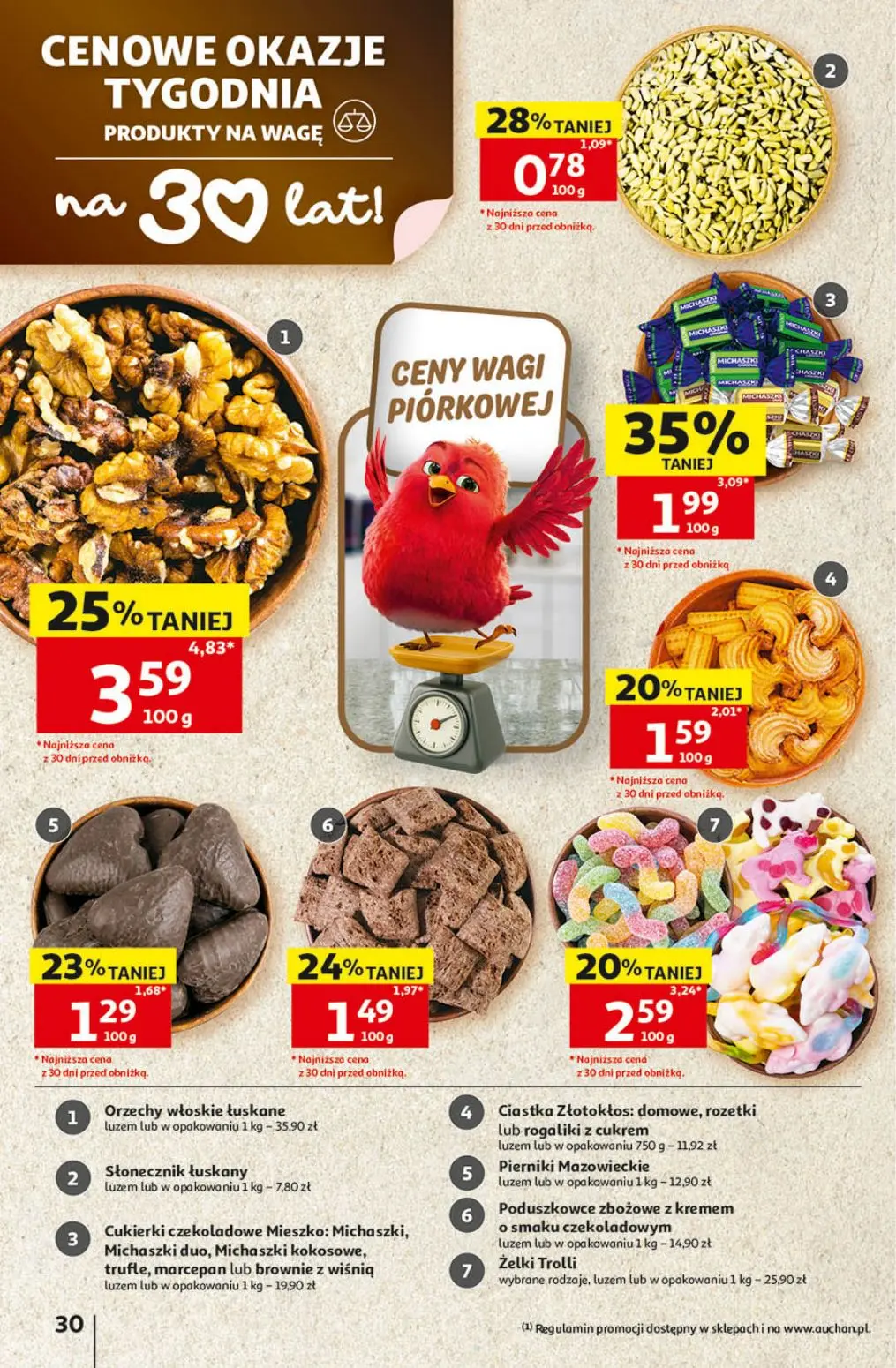 Auchan gazetka, strona 30 z 41 — Orzechy włoskie łuskane, Cukierki czekoladowe Mieszko: Michaszki, Michaszki duo, Michaszki …