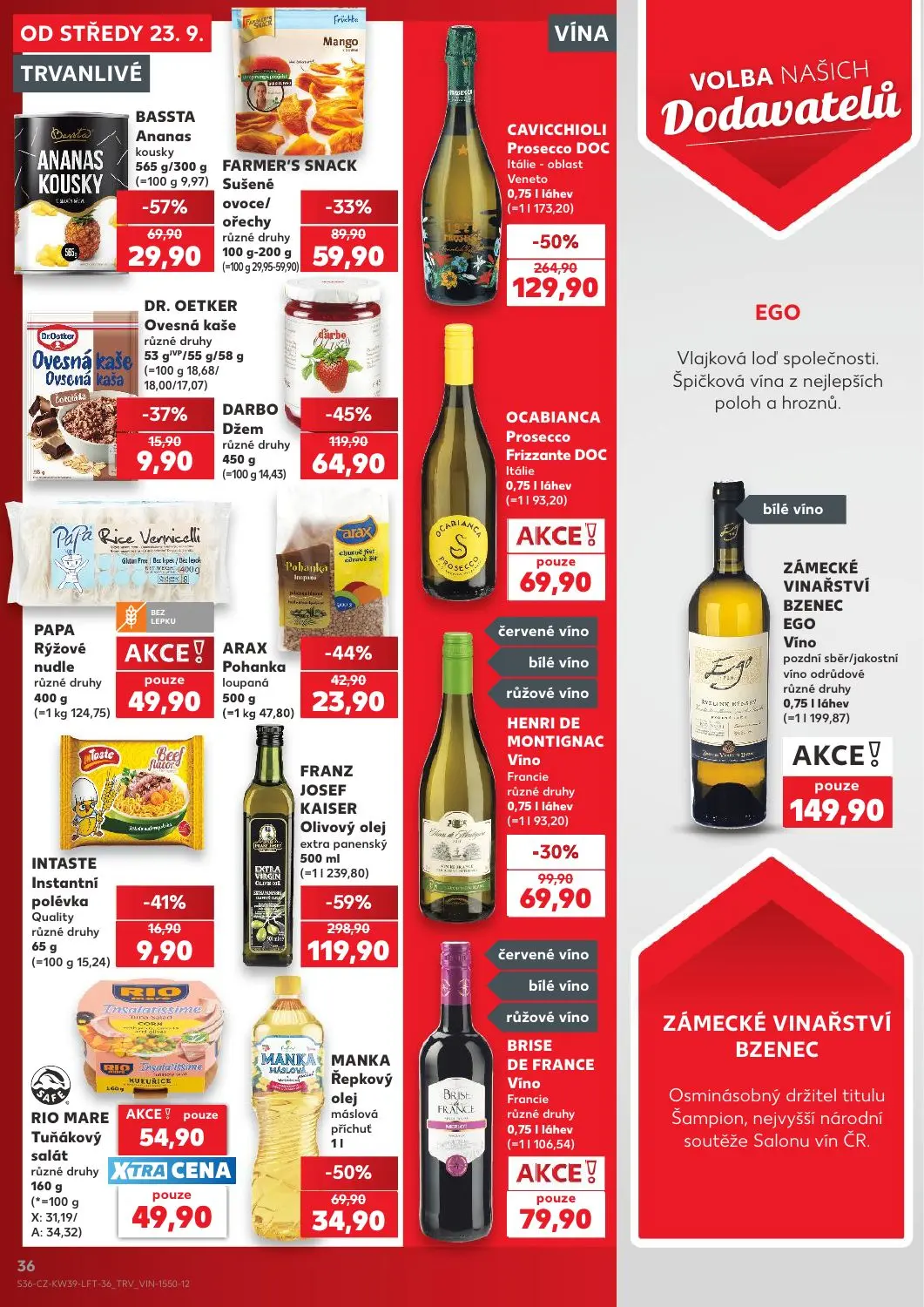 Kaufland leták, strana 36 z 54 — Olivový olej extra panenský, Prosecco DOC, Džem různé druhy