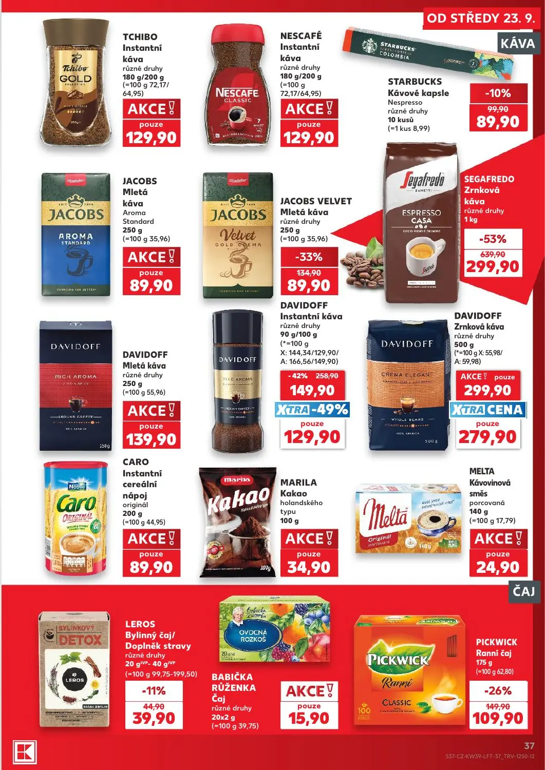 Kaufland leták, strana 37 z 54 — SEGAFREDO Zrnková káva různé druhy, DAVIDOFF Instantní káva různé druhy, JACOBS VELVET Mlet…