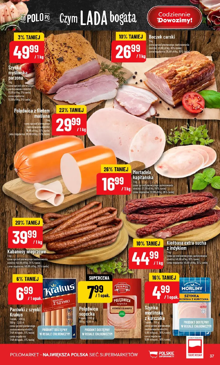 POLOmarket gazetka, strona 37 z 76 — Kabanosy wieprzowe, Polędwica z filetem maślana, Mortadela kapitańska