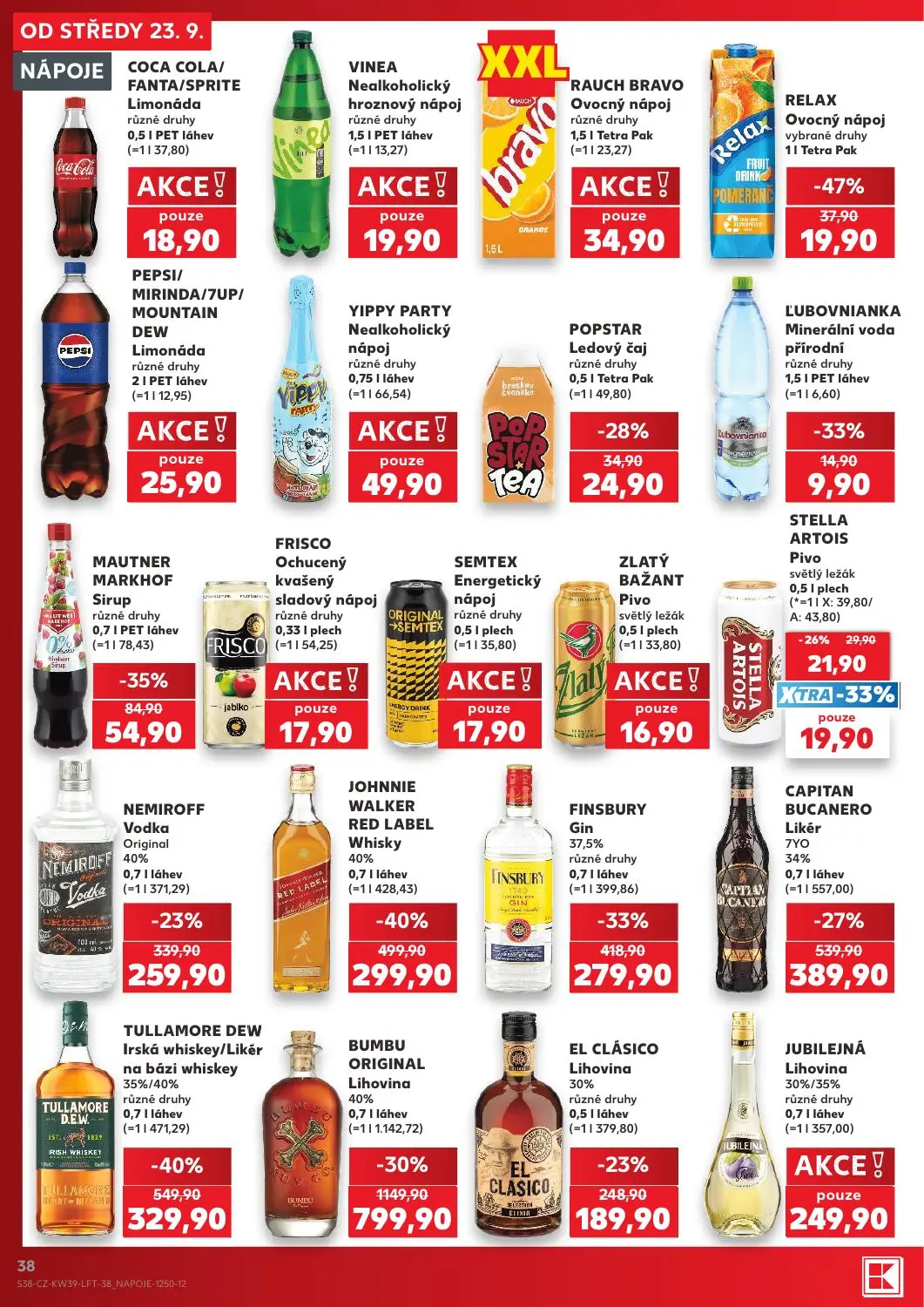 Kaufland leták, strana 38 z 54 — BUMBU ORIGINAL Lihovina, TULLAMORE DEW Irská whiskey/Likér na bázi whiskey, JOHNNIE WALKER …