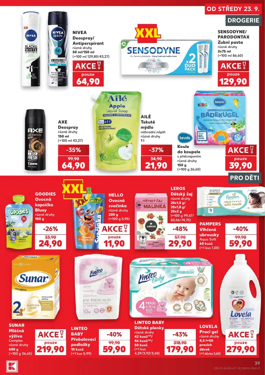 Kaufland leták, strana 39 z 54 — LINTEO BABY Dětské plenky různé druhy, PAMPERS Vlhčené ubrousky Aqua Soft, LINTEO BABY Přeb…