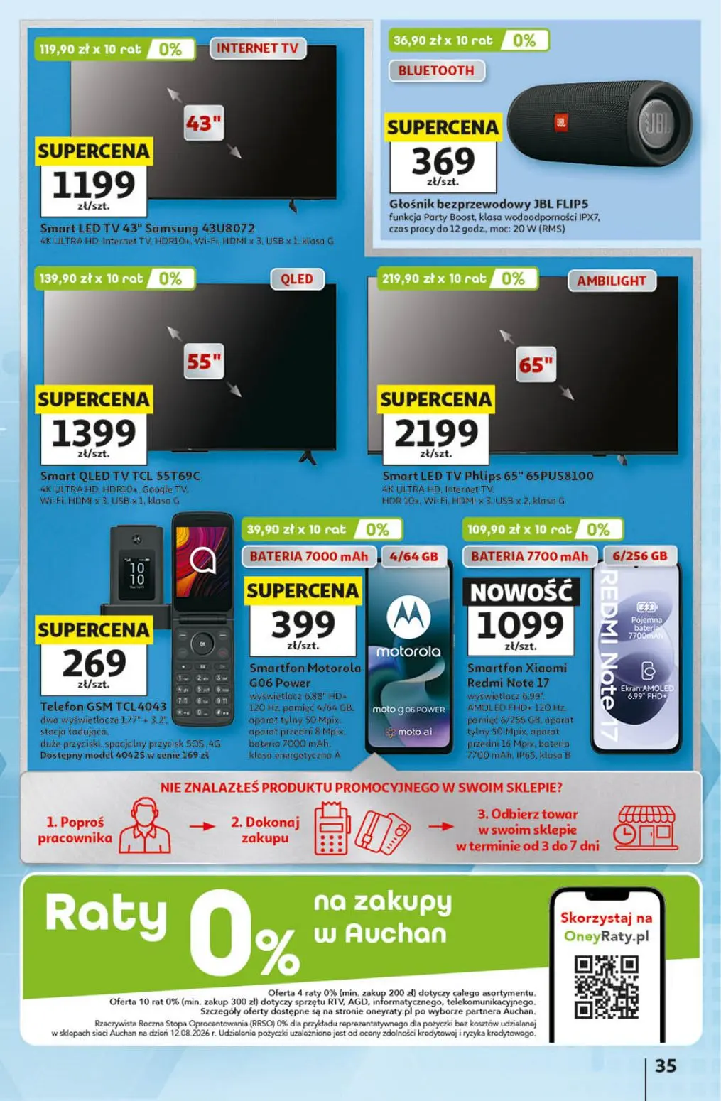 Auchan gazetka, strona 35 z 41 — Smart LED TV 43" Samsung 43U8072, Głośnik bezprzewodowy JBL FLIP5, Smart QLED TV TCL 55T69C