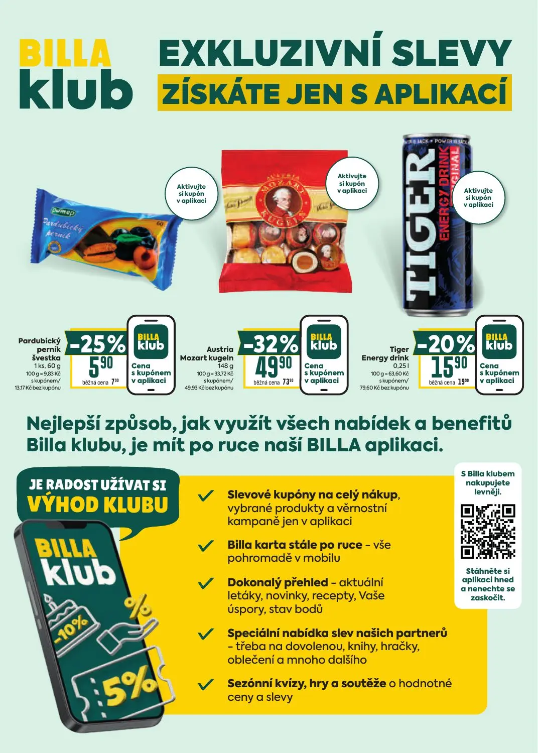 Billa leták, strana 40 z 41 — Austria Mozart kugeln, Tiger Energy drink, Pardubický perník švestka