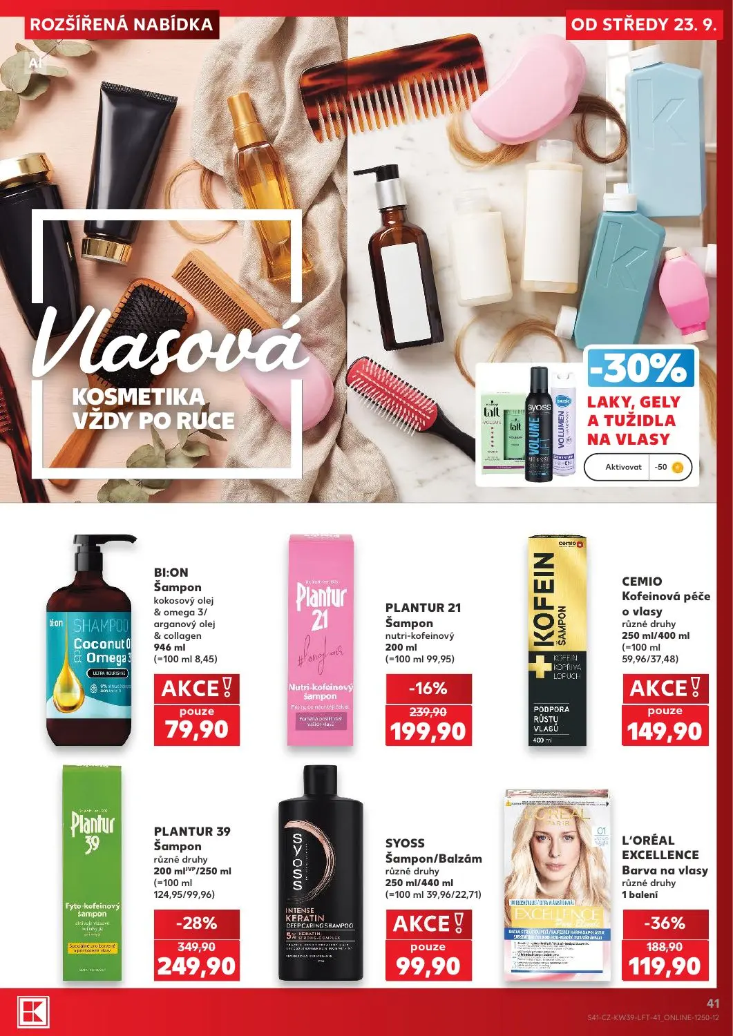 Kaufland leták, strana 41 z 54 — PLANTUR 39 Šampon různé druhy, L'ORÉAL EXCELLENCE Barva na vlasy různé druhy, PLANTUR 21 Ša…