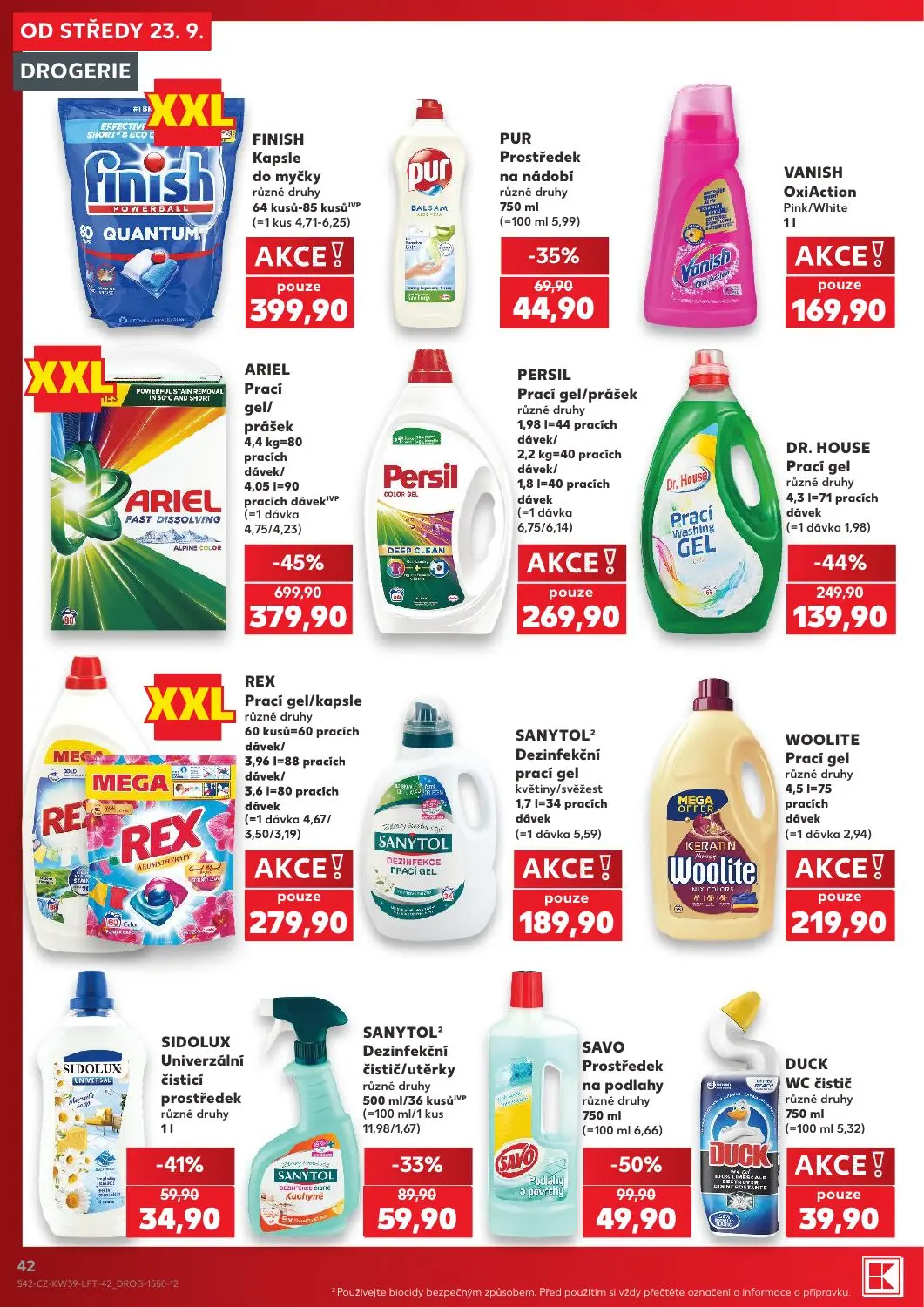Kaufland leták, strana 42 z 54 — ARIEL Prací gel/prášek různé druhy, DR. HOUSE Prací gel různé druhy, SAVO Prostředek na pod…