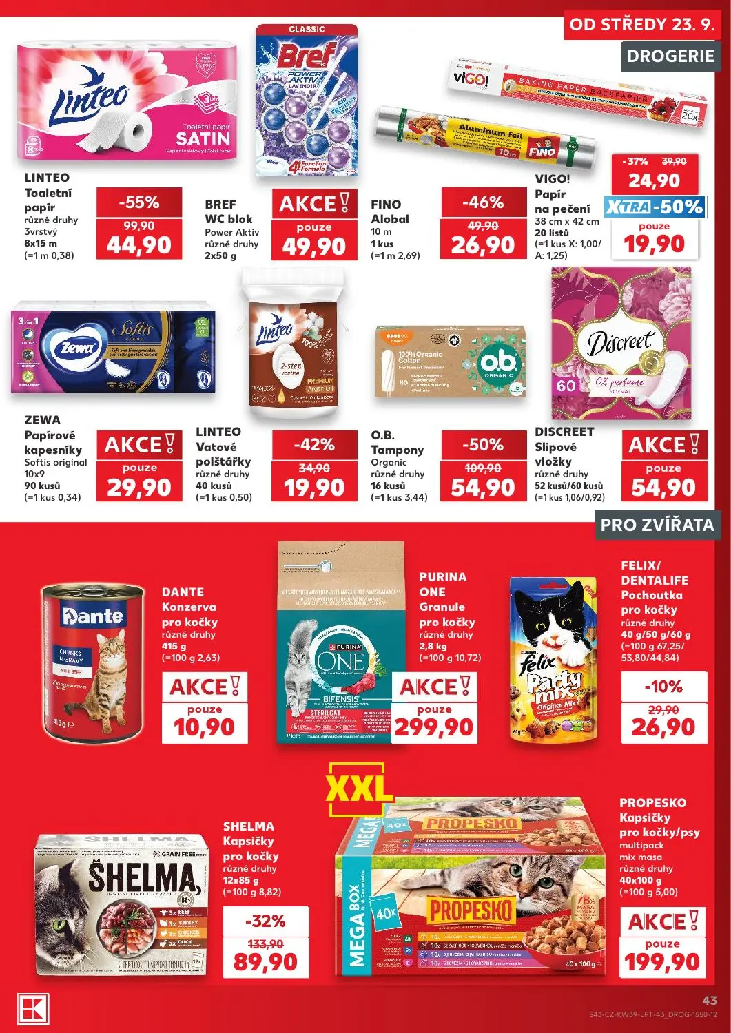Kaufland leták, strana 43 z 54 — Linteo Toaletní papír, O.B. Tampony Organic, Shelma Kapsičky pro kočky