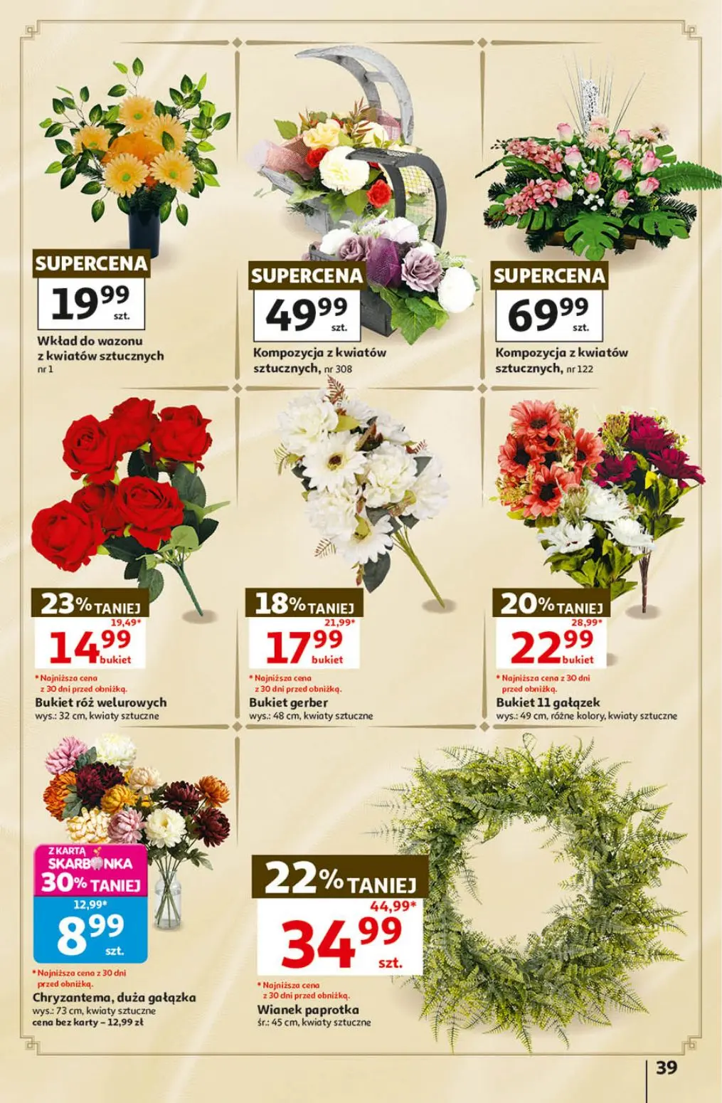 Auchan gazetka, strona 39 z 41 — Wianek paprotka, Bukiet 11 gałązek, Bukiet róż welurowych