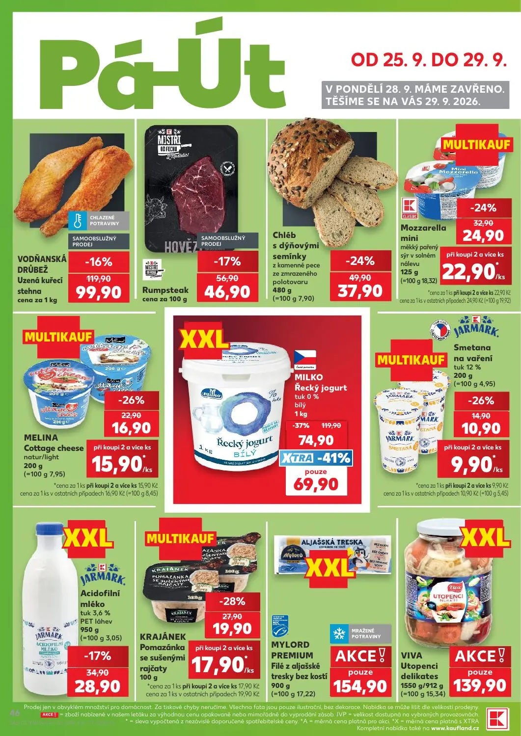 Kaufland leták, strana 46 z 54 — MILKO Řecký jogurt tuk 0% bílý, Uzená kuřecí stehna, Chléb s dýňovými semínky z kamenné pec…