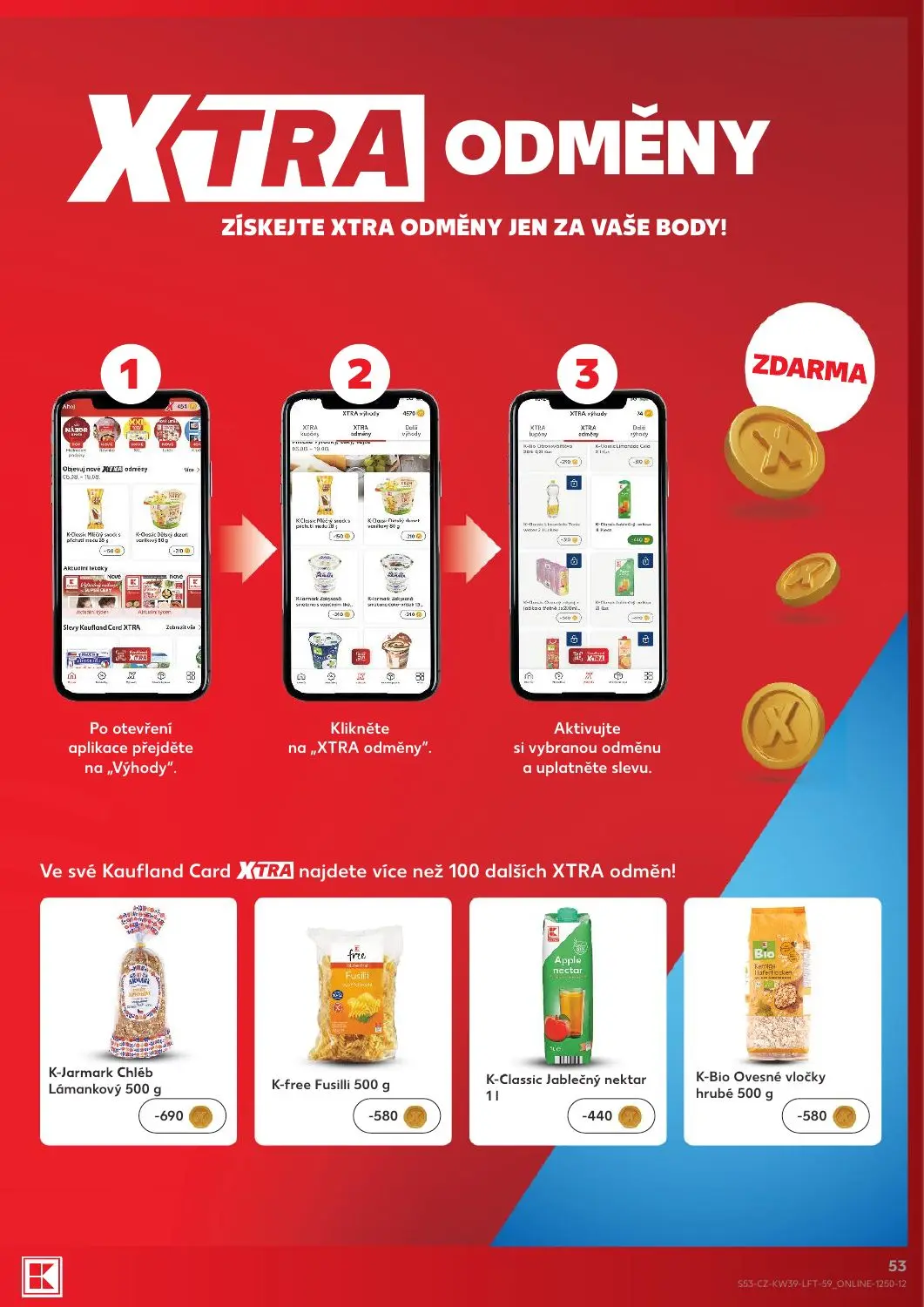 Kaufland leták, strana 53 z 54 — K-Jarmark Chléb Lámankový, K-free Fusilli, K-Classic Jablečný nektar