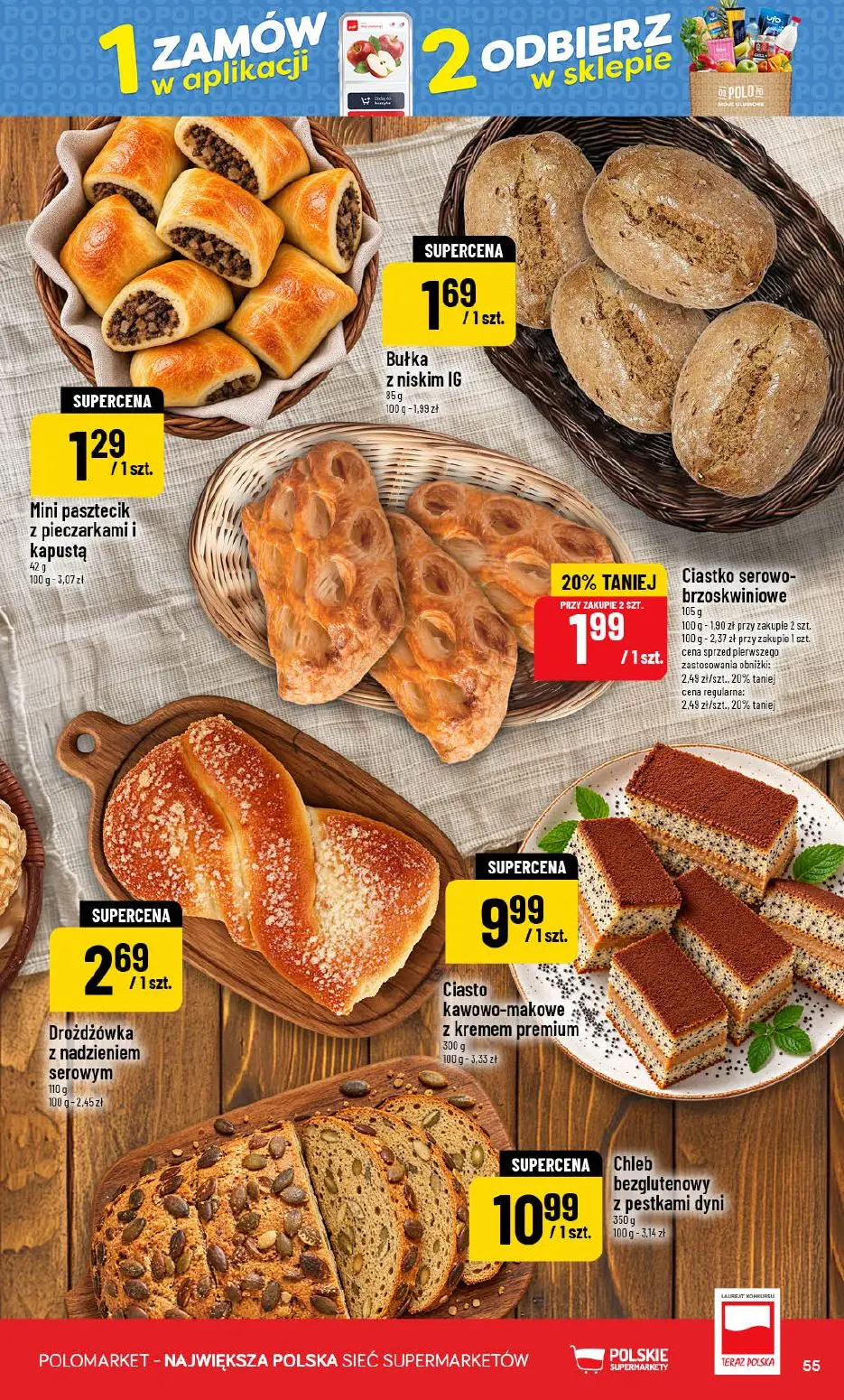 POLOmarket gazetka, strona 55 z 76 — Ciastko serowo-brzoskwiniowe, Mini pasztecik z pieczarkami i kapustą, Bułka z niskim IG