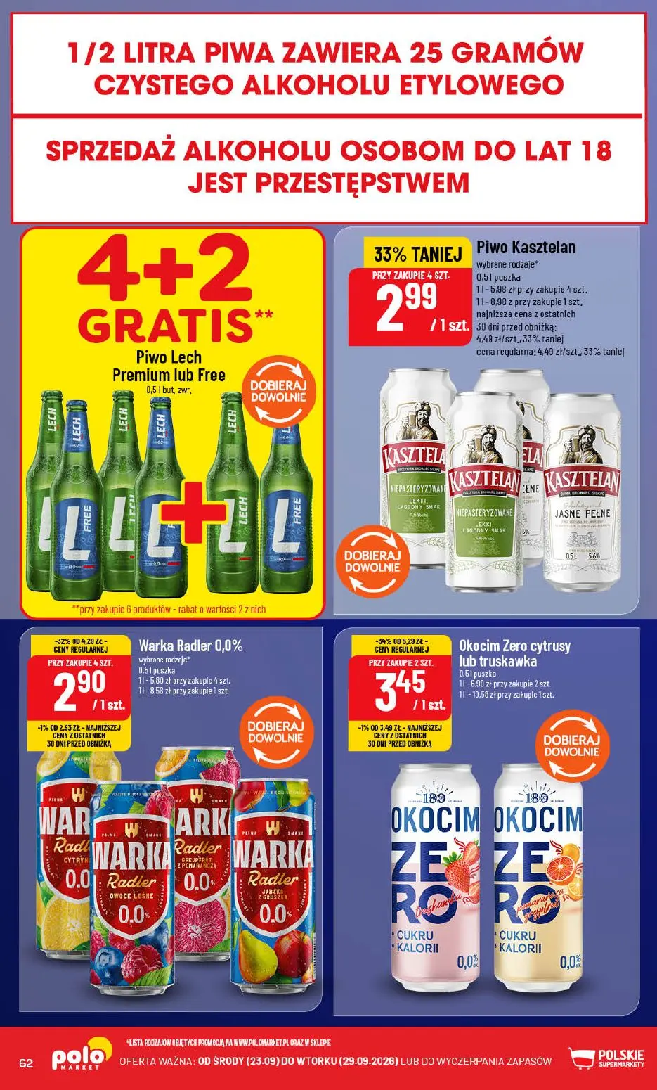POLOmarket gazetka, strona 62 z 76 — Okocim Zero cytrusy lub truskawka, Piwo Kasztelan wybrane rodzaje, Warka Radler 0,0% wy…
