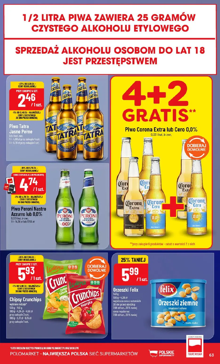 POLOmarket gazetka, strona 63 z 76 — Chipsy Crunchips, Orzeszki Felix, Piwo Peroni Nastro Azzurro lub 0,0%