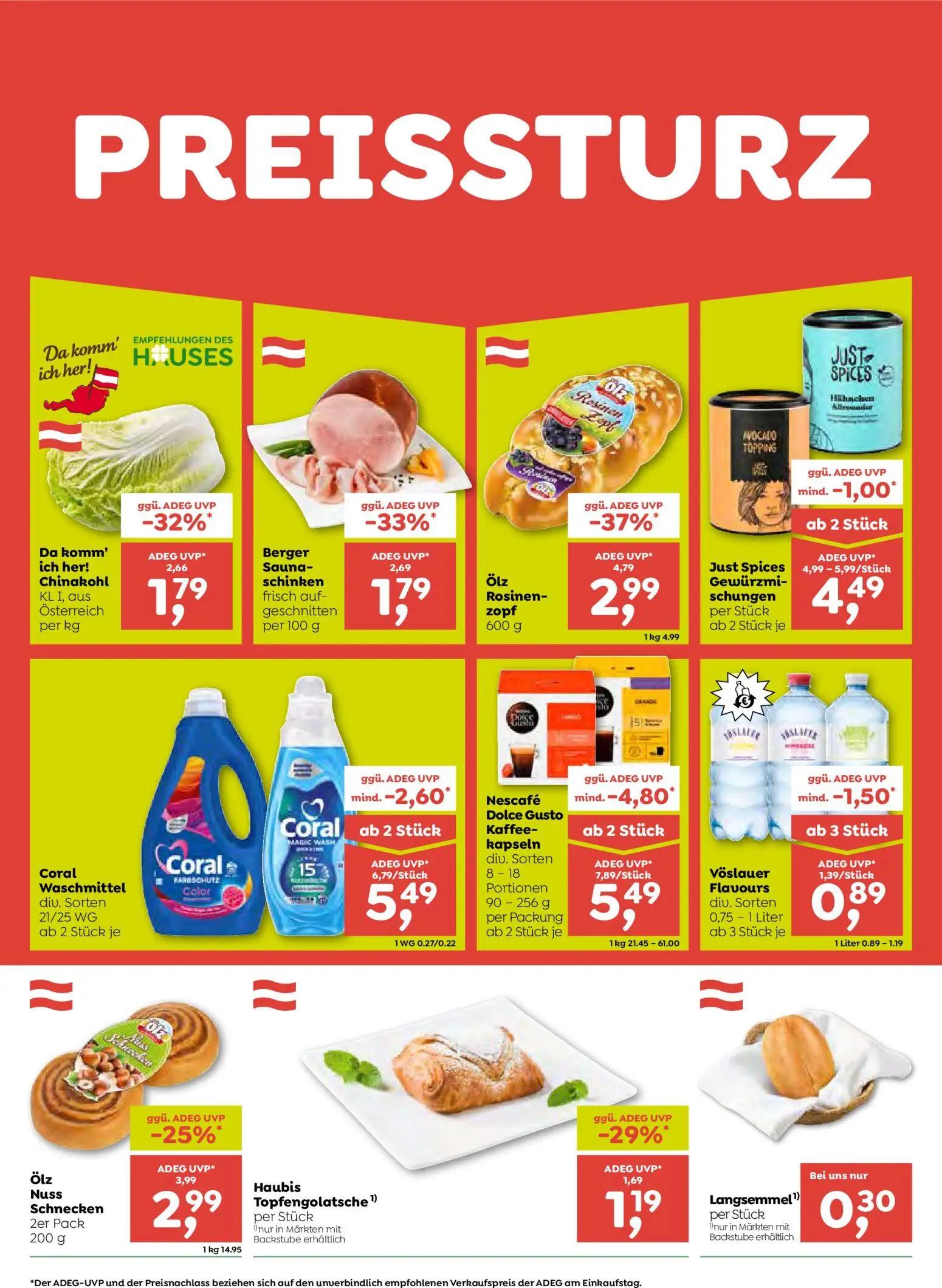 ADEG Prospekt, Seite 2 von 8 — Nescafé Dolce Gusto Kaffeekapseln div. Sorten, Ölz Rosinen-zopf, Just Spices Gewürzmischungen