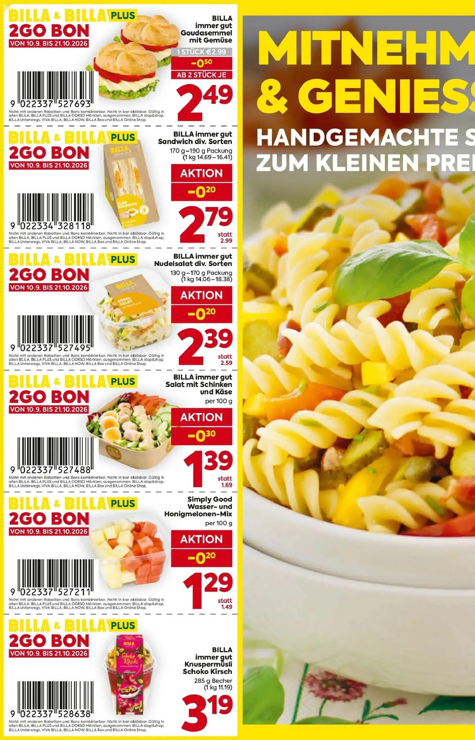 Billa Prospekt, Seite 2 von 4 — BILLA immer gut Goudasemmel mit Gemüse, BILLA immer gut Salat mit Schinken und Käse, BILLA i…