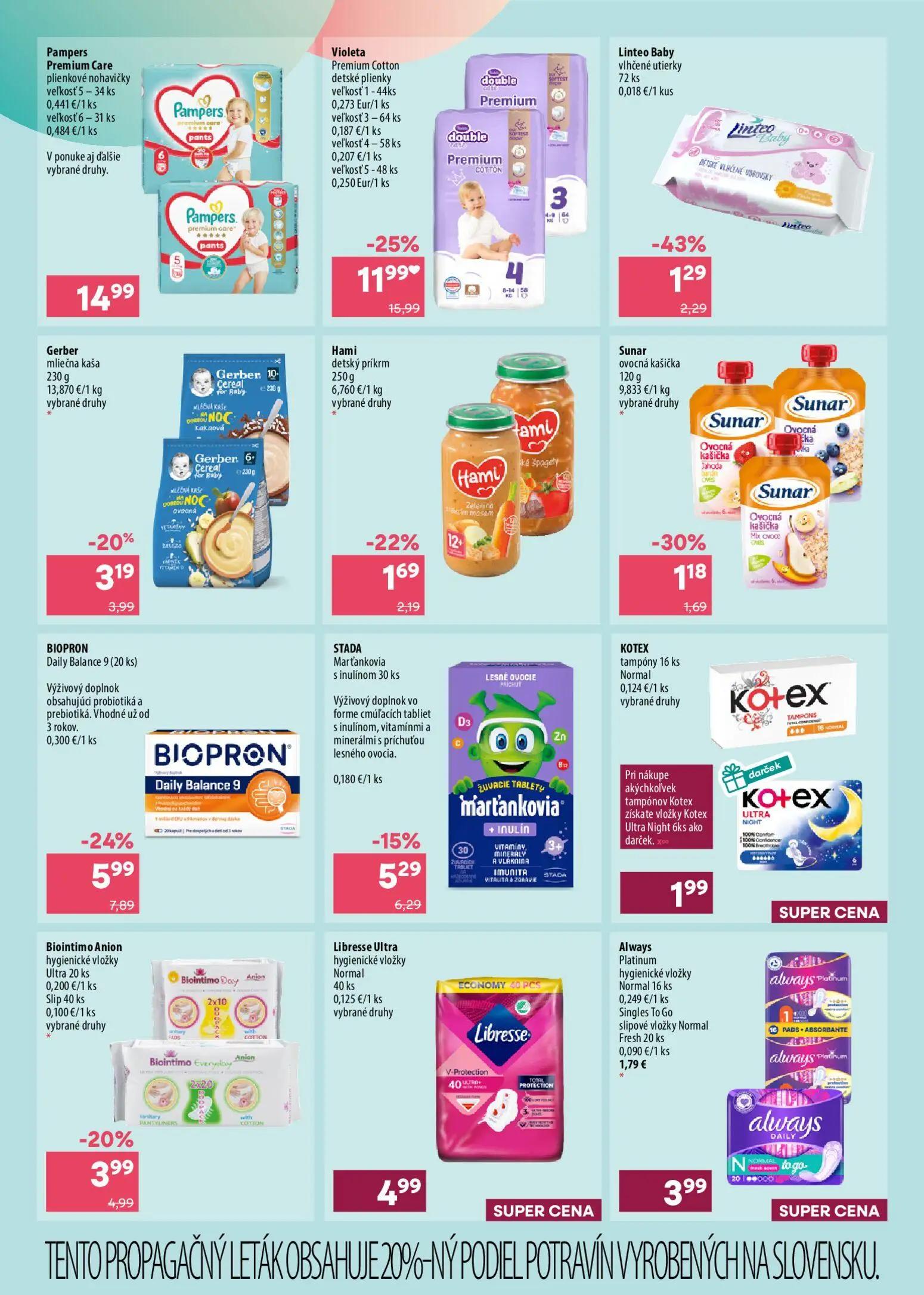 101 Drogerie leták, strana 4 z 16 — Violeta Premium Cotton detské plienky, BIOPRON Daily Balance 9, Linteo Baby vlhčené utie…