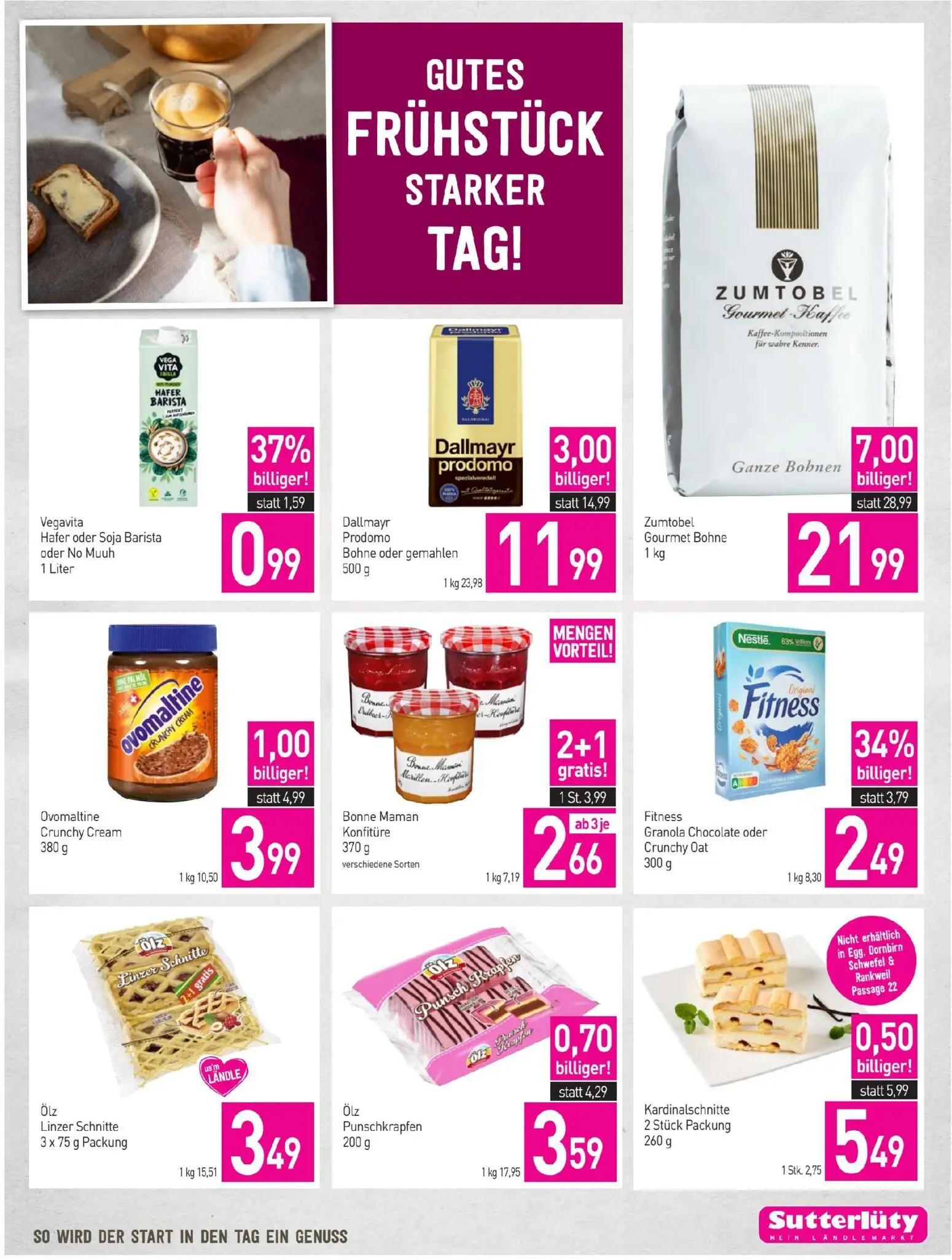 Sutterlüty Prospekt, Seite 3 von 20 — Zumtobel Gourmet Bohne, Dallmayr Prodomo Bohne oder gemahlen, Fitness Granola Chocolat…