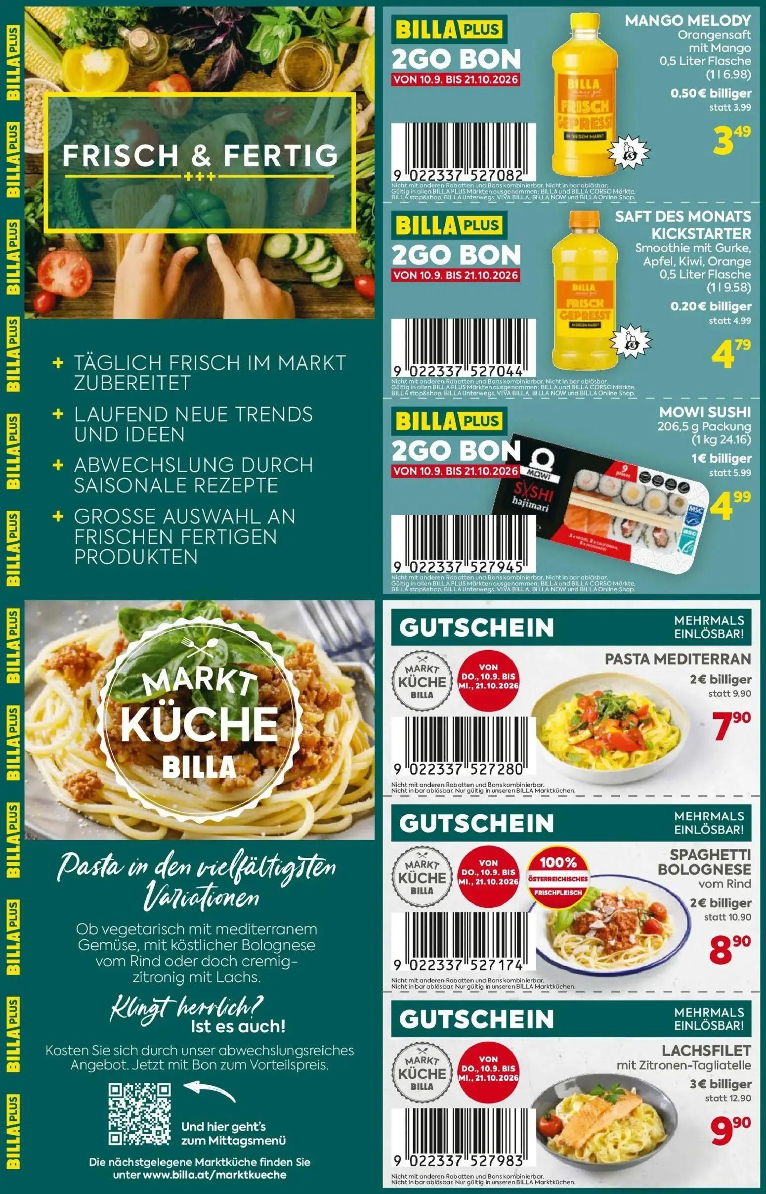 Billa Prospekt, Seite 4 von 4 — LACHSFILET mit Zitronen-Tagliatelle, PASTA MEDITERRAN, SPAGHETTI BOLOGNESE vom Rind