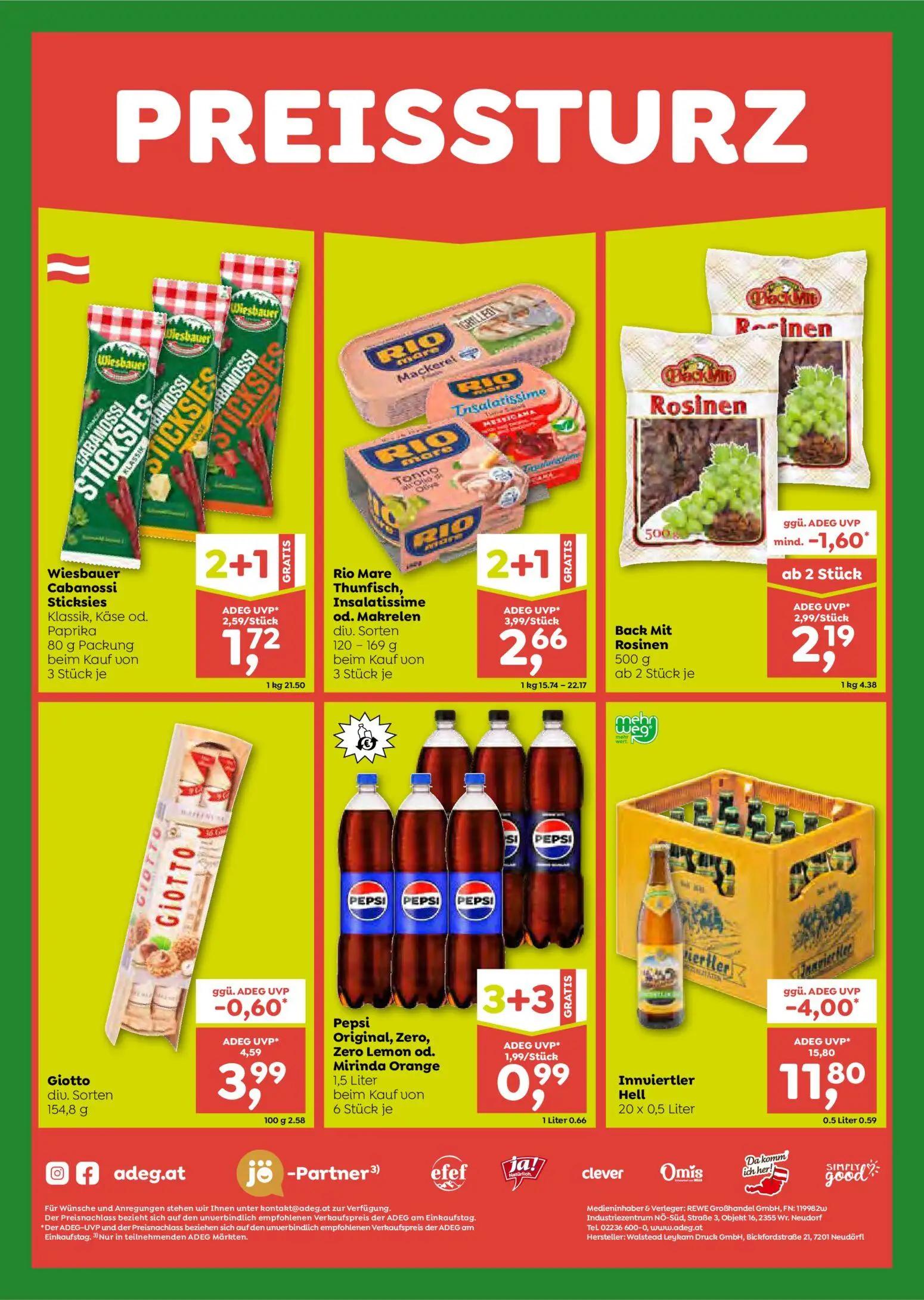 ADEG Prospekt, Seite 8 von 8 — Innviertler Hell, Rio Mare Thunfisch, Insalatissime od. Makrelen div. Sorten, Pepsi Original,…