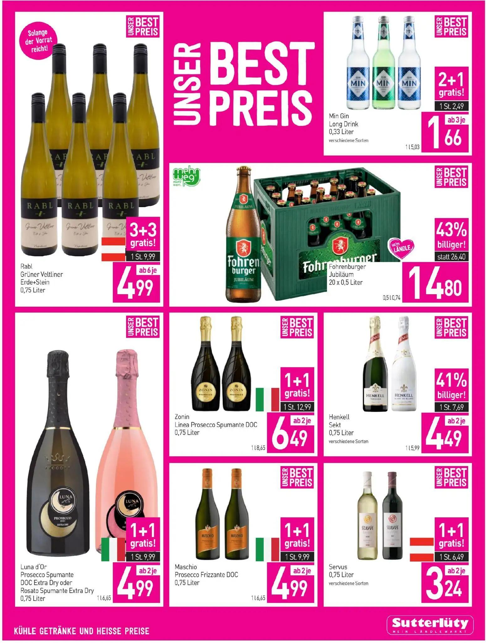Sutterlüty Prospekt, Seite 13 von 20 — Fohrenburger Jubiläum, Zonin Linea Prosecco Spumante DOC, Rabl Grüner Veltliner Erde+…