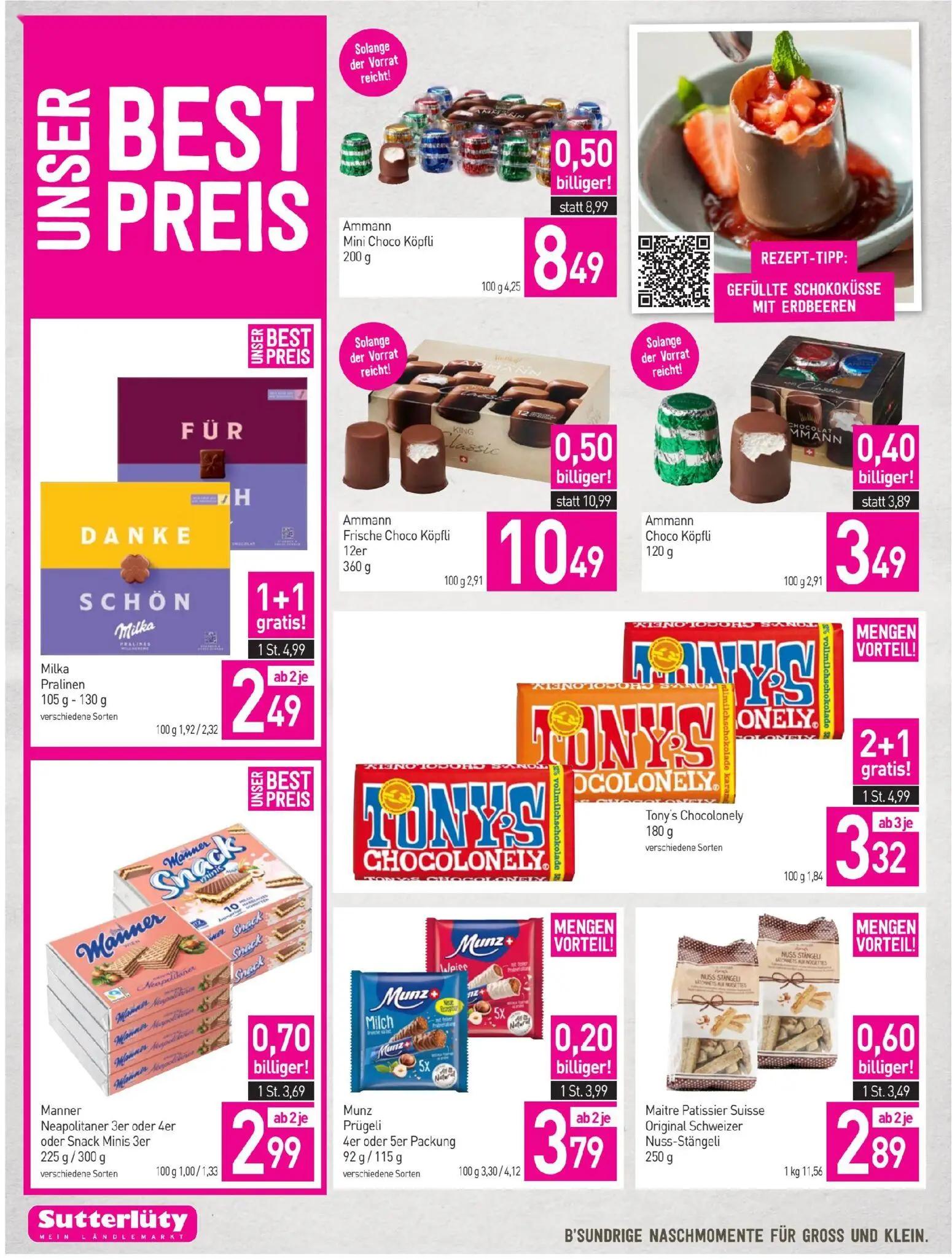 Sutterlüty Prospekt, Seite 14 von 20 — Tony's Chocolonely, Manner Neapolitaner 3er oder 4er oder Snack Minis 3er, Maitre Pat…