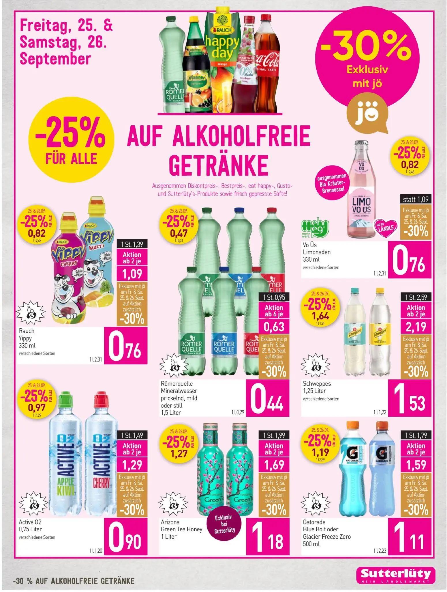 Sutterlüty Prospekt, Seite 15 von 20 — Schweppes, Arizona Green Tea Honey, Gatorade Blue Bolt oder Glacier Freeze Zero
