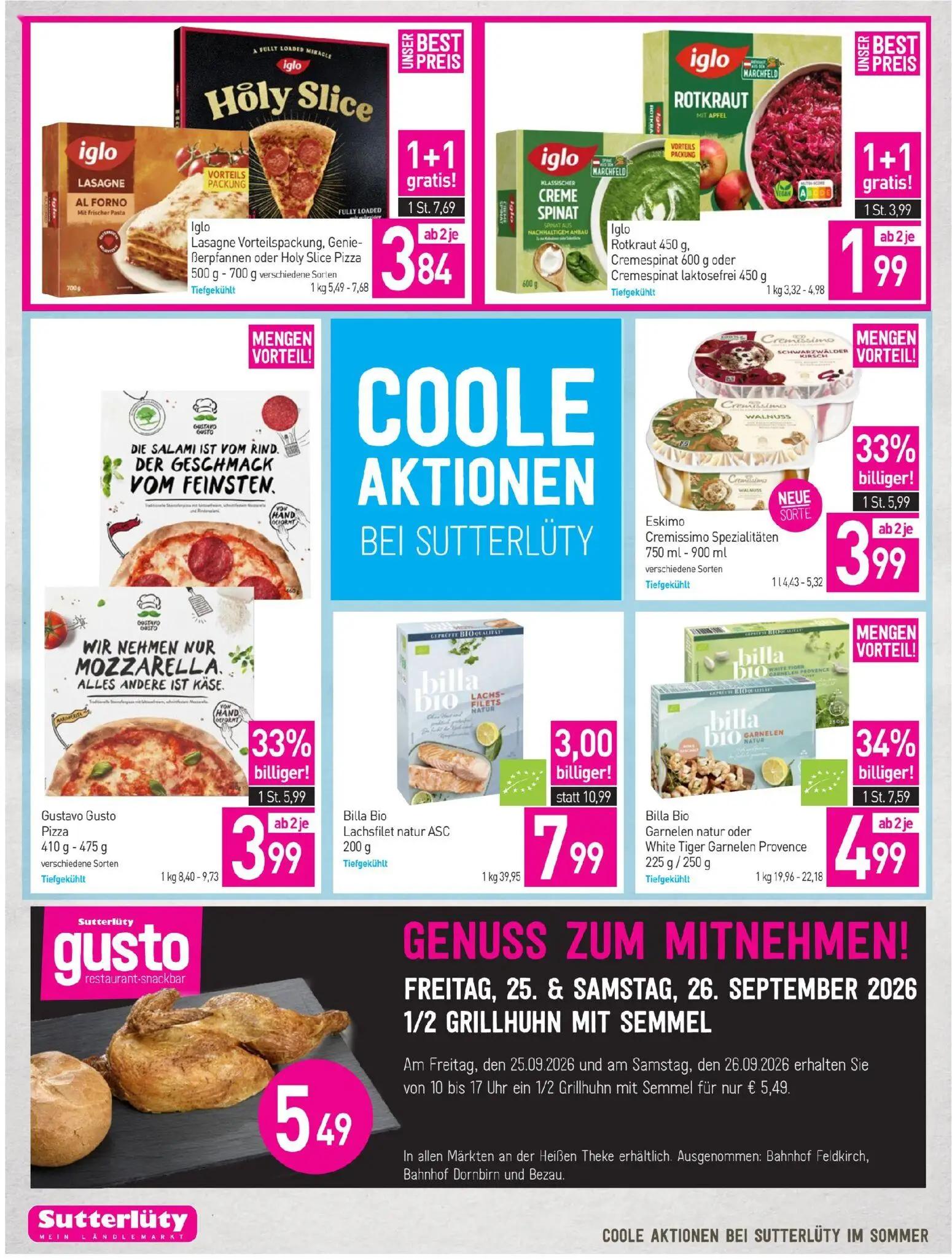 Sutterlüty Prospekt, Seite 18 von 20 — Iglo Lasagne Vorteilspackung, Genießerpfannen oder Holy Slice Pizza, Billa Bio Lachsf…