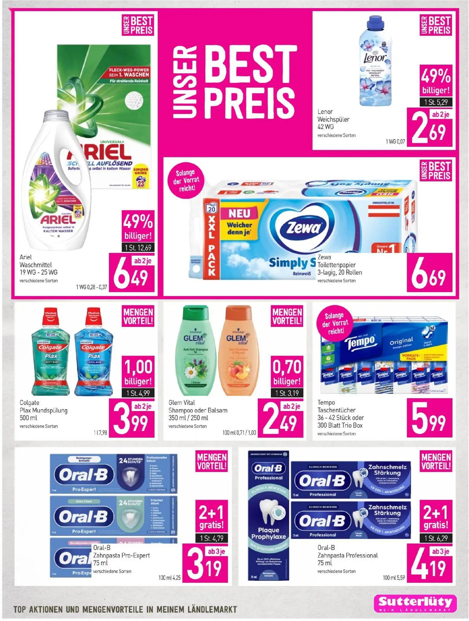 Sutterlüty Prospekt, Seite 19 von 20 — Ariel Waschmittel, Lenor Weichspüler, Oral-B Zahnpasta Professional