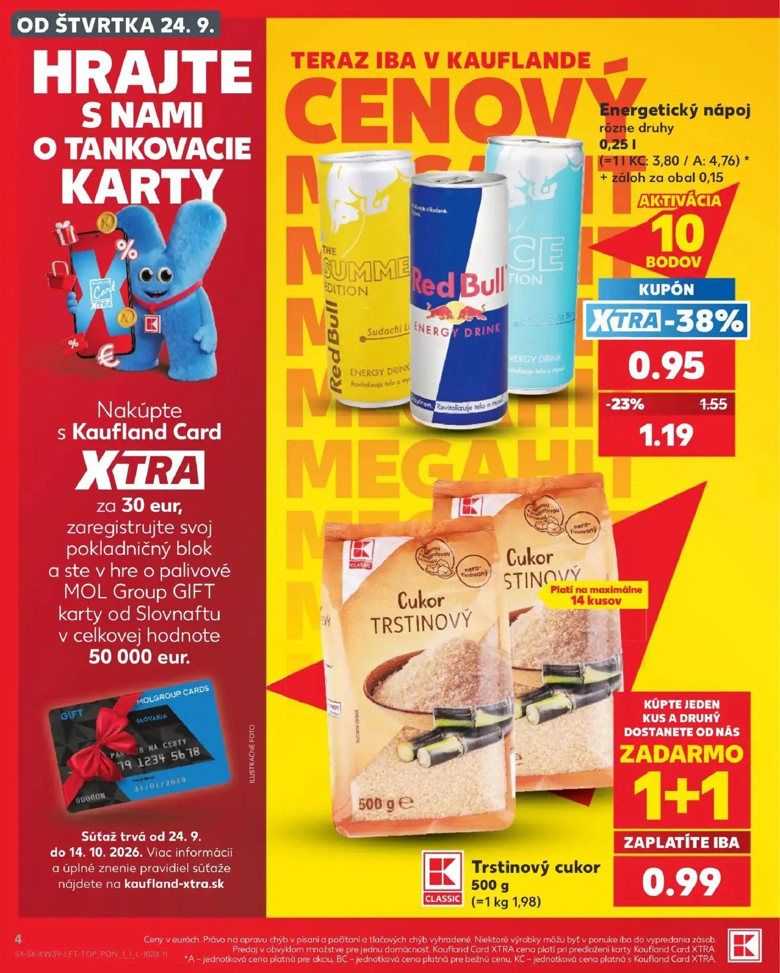 Kaufland leták, strana 4 z 82 — Energetický nápoj rôzne druhy, Trstinový cukor