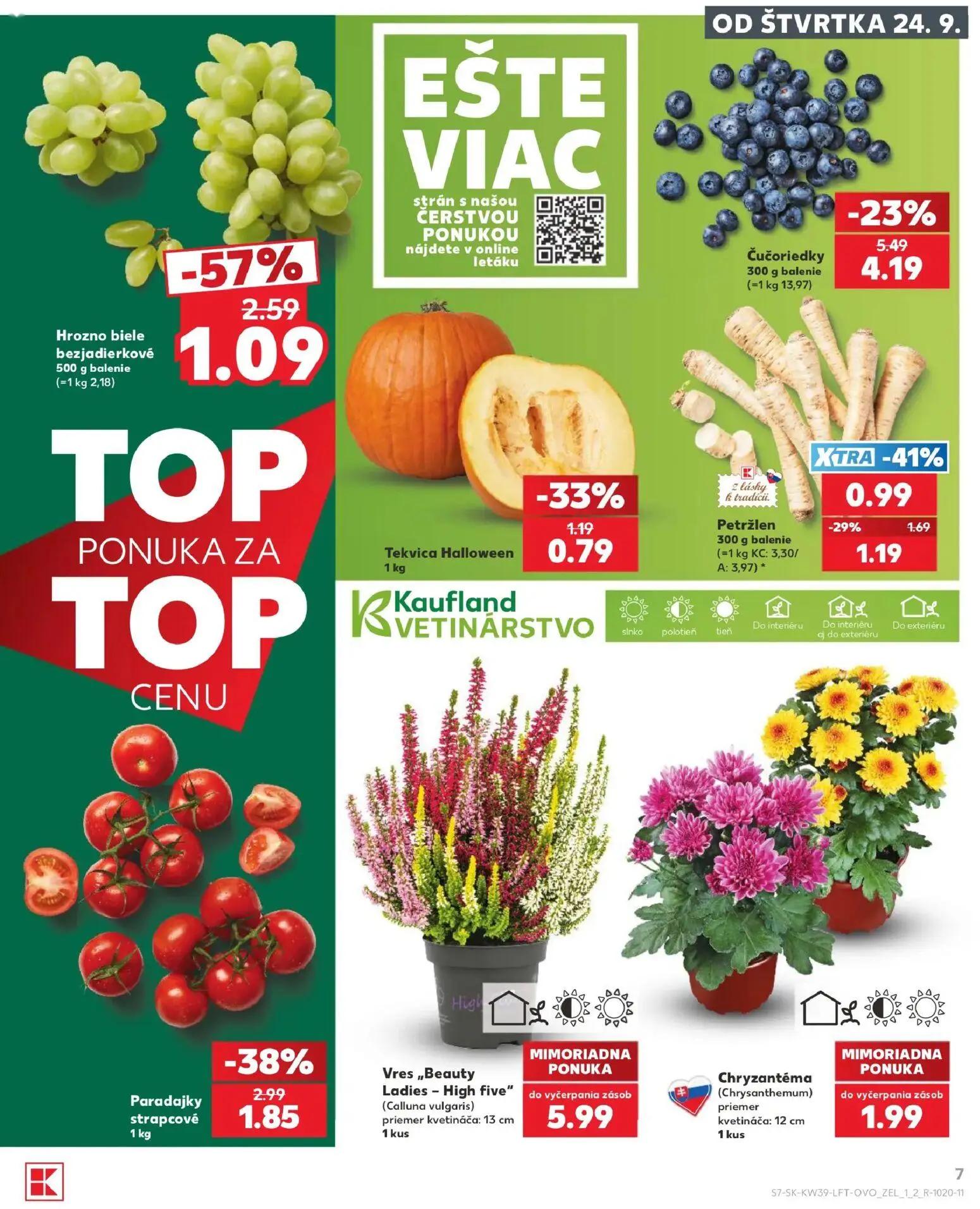 Kaufland leták, strana 7 z 82 — Hrozno biele bezjadierkové, Čučoriedky, Paradajky strapcové