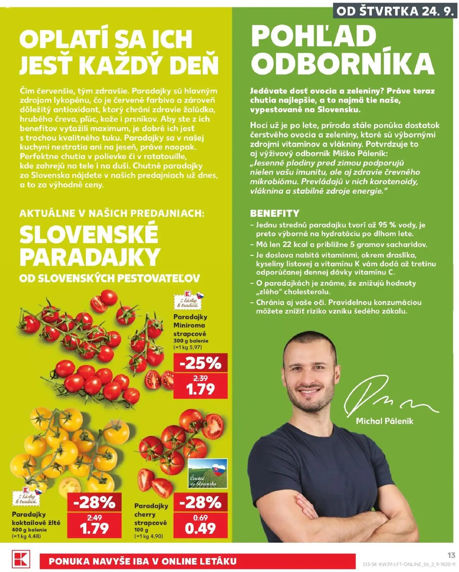 Kaufland leták, strana 13 z 82 — Paradajky koktailové žlté, Paradajky Miniroma strapcové, Paradajky cherry strapcové
