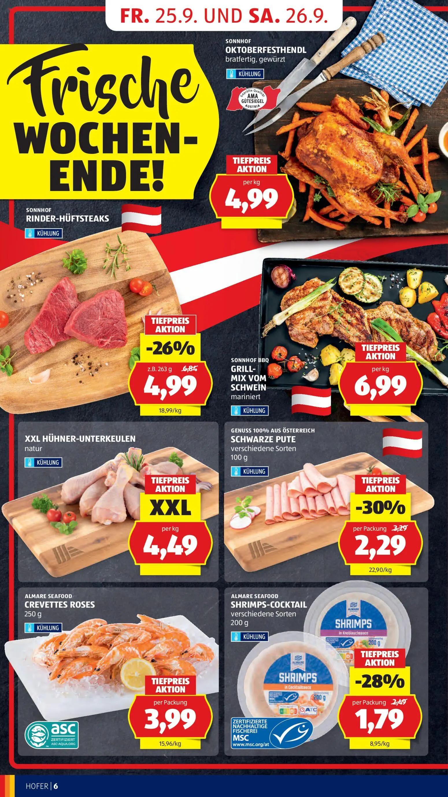 Hofer Prospekt, Seite 12 von 49 — RINDER-HÜFTSTEAKS, SCHWARZE PUTE verschiedene Sorten, SHRIMPS-COCKTAIL verschiedene Sorten