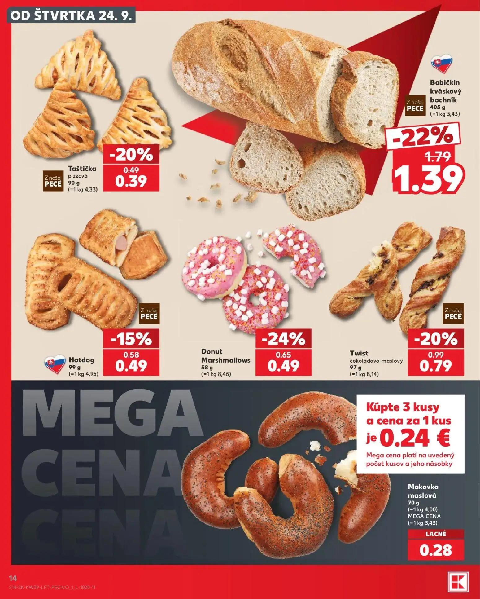 Kaufland leták, strana 14 z 82 — Babičkin kváskový bochník, Twist čokoládovo-maslový, Donut Marshmallows