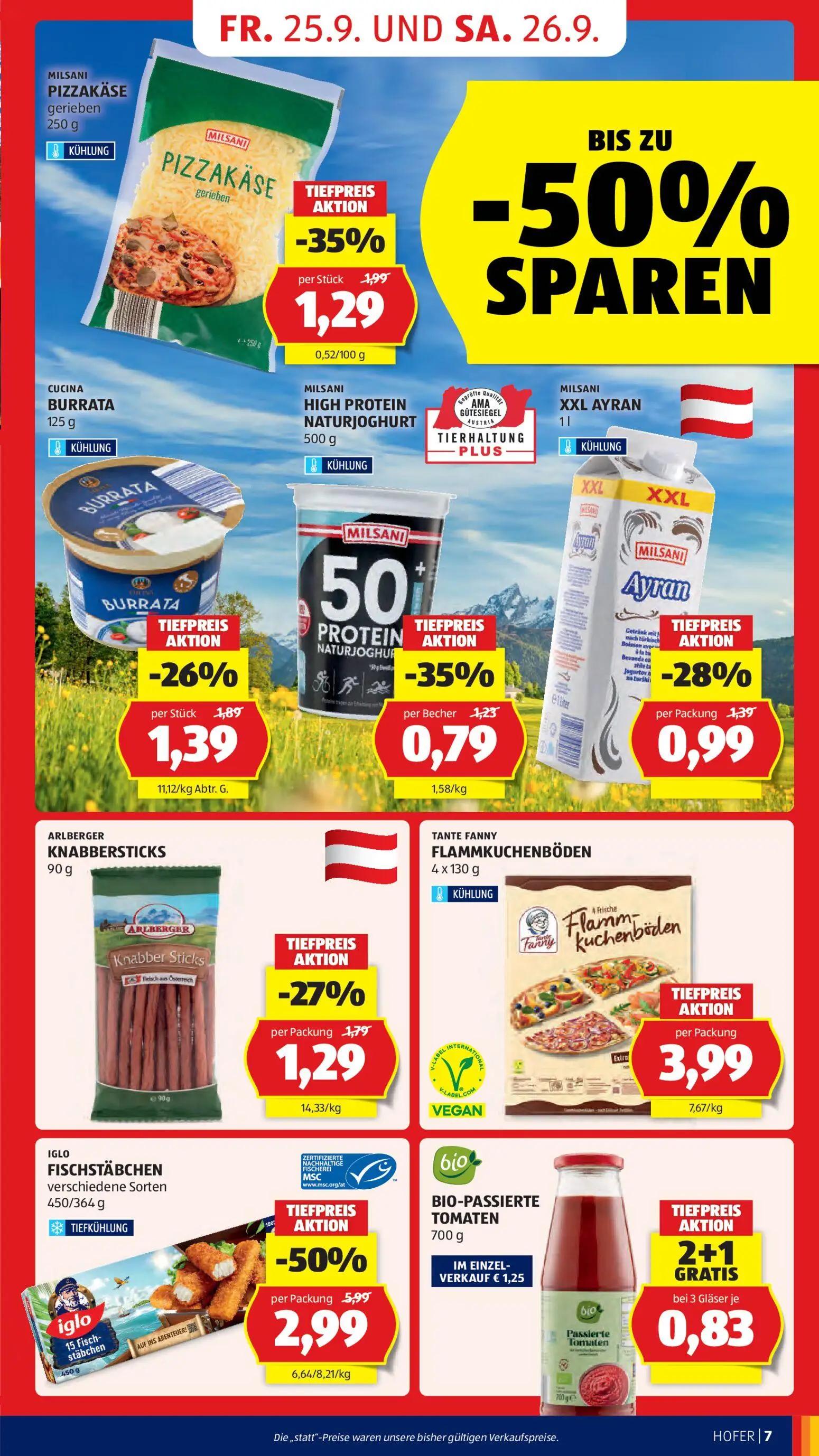Hofer Prospekt, Seite 13 von 49 — IGLO FISCHSTÄBCHEN verschiedene Sorten, MILSANI PIZZAKÄSE gerieben, CUCINA BURRATA