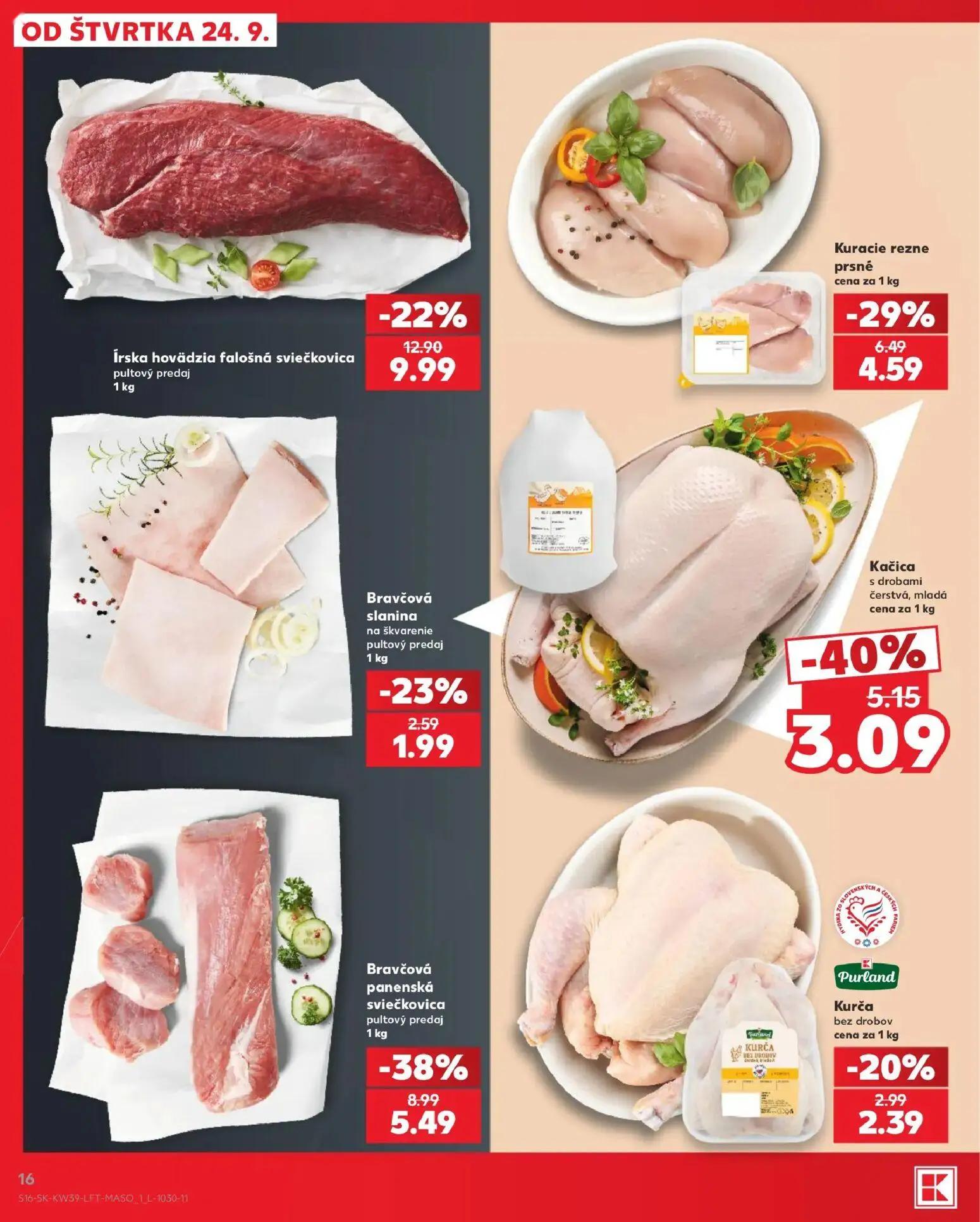 Kaufland leták, strana 16 z 82 — Bravčová panenská sviečkovica, Írska hovädzia falošná sviečkovica, Kačica s drobami čerstvá…