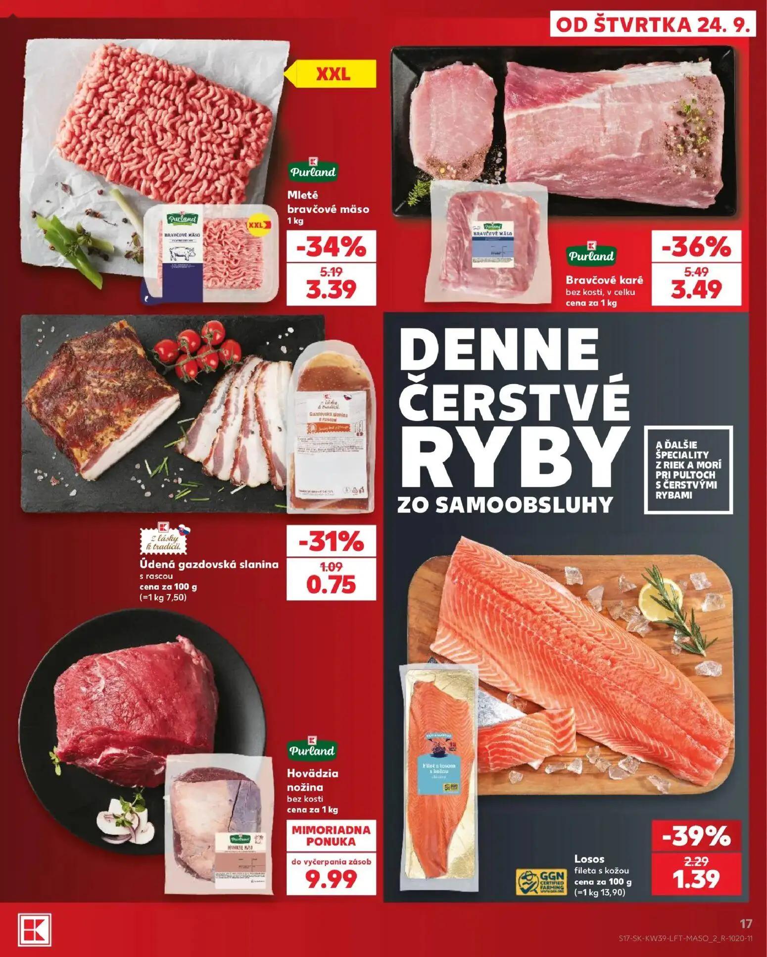 Kaufland leták, strana 17 z 82 — Bravčové karé bez kosti, v celku, Mleté bravčové mäso, Losos fileta s kožou