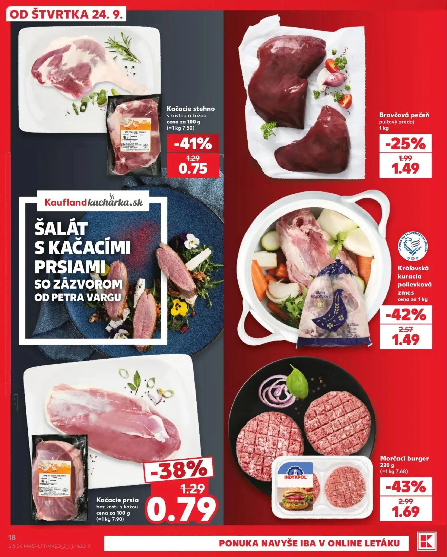 Kaufland leták, strana 18 z 82 — Morčací burger, Kráľovská kuracia polievková zmes, Kačacie stehno s kosťou a kožou