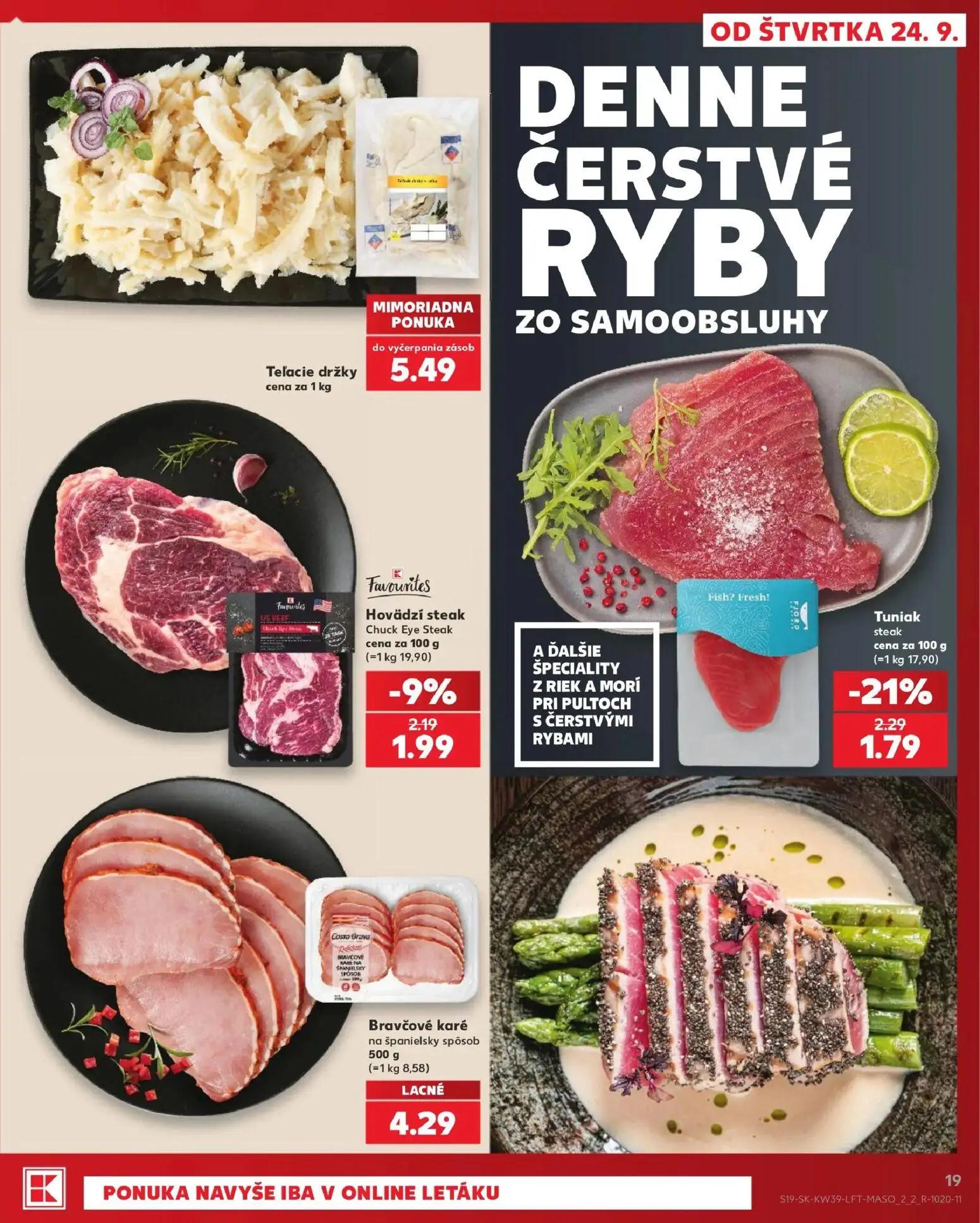 Kaufland leták, strana 19 z 82 — Tuniak steak, Hovädzí steak Chuck Eye Steak, Teľacie držky