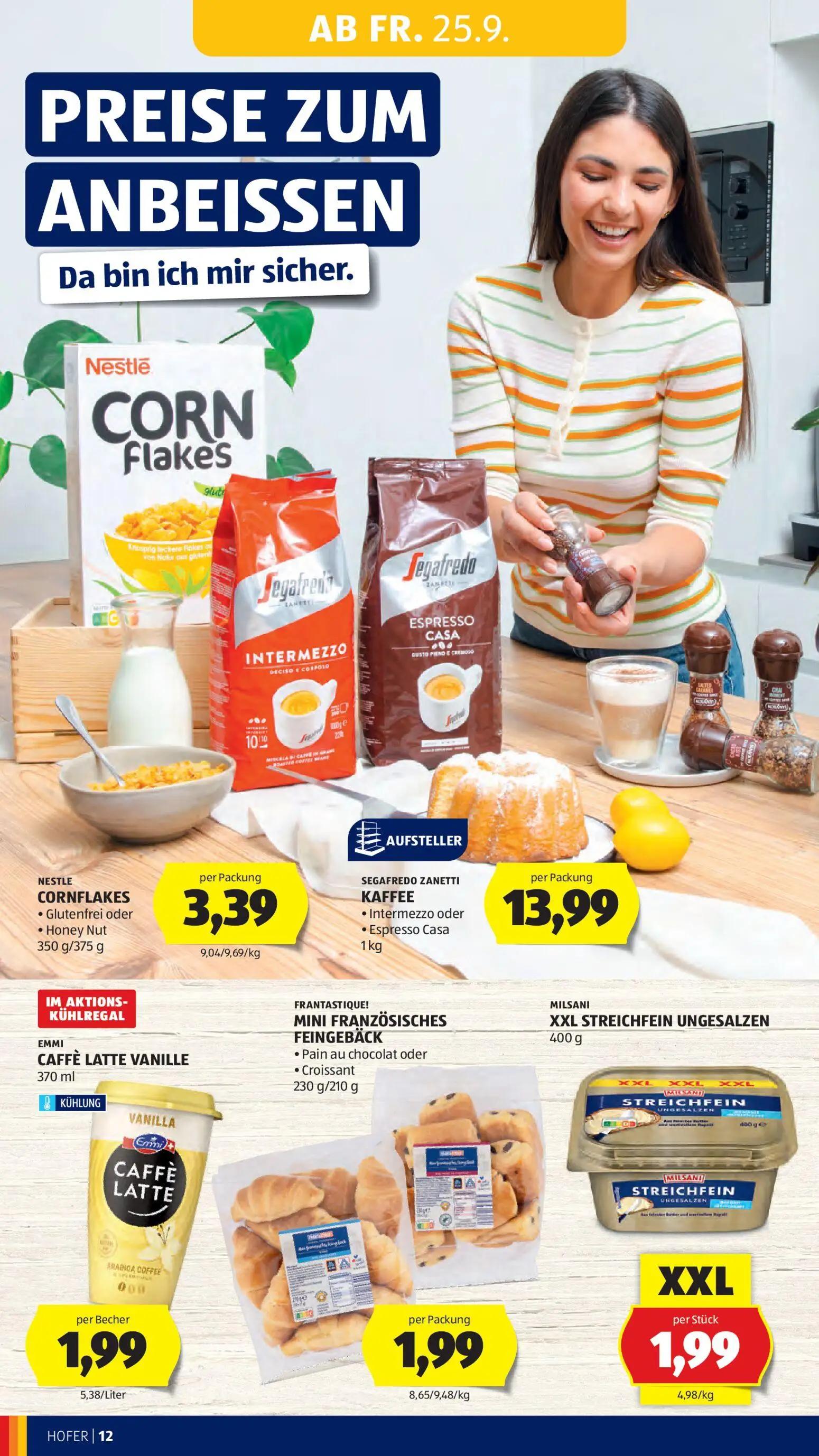 Hofer Prospekt, Seite 18 von 49 — CORNFLAKES, SEGAFREDO ZANETTI KAFFEE, EMMI CAFFÈ LATTE VANILLE