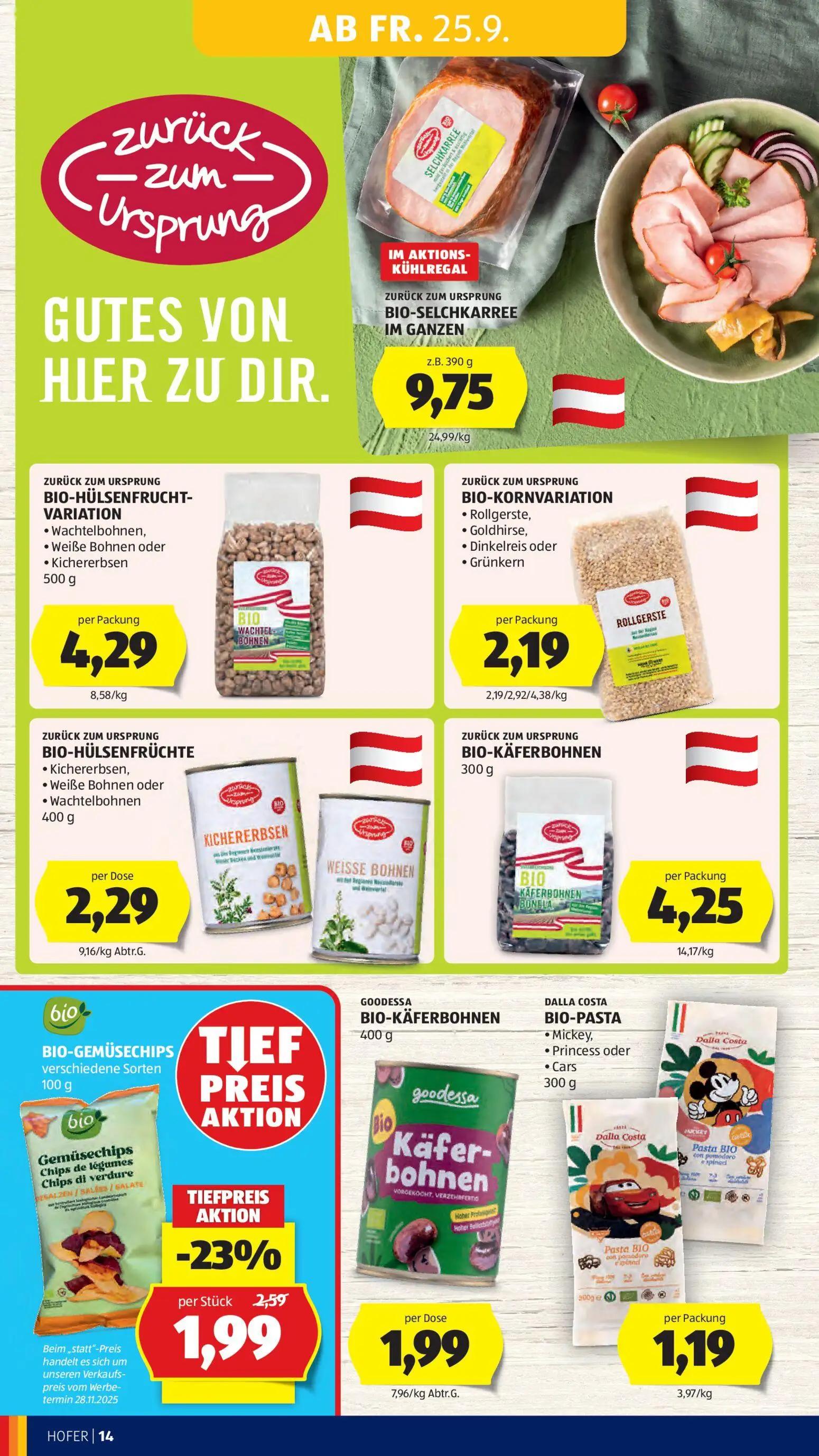 Hofer Prospekt, Seite 20 von 49 — BIO-GEMÜSECHIPS verschiedene Sorten, BIO-SELCHKARREE IM GANZEN, BIO-HÜLSENFRUCHT-VARIATION…
