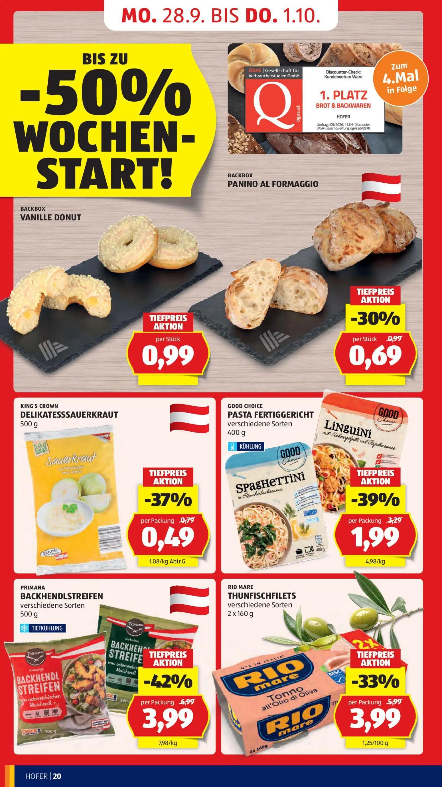 Hofer Prospekt, Seite 26 von 49 — BACKHENDLSTREIFEN, THUNFISCHFILETS, PASTA FERTIGGERICHT