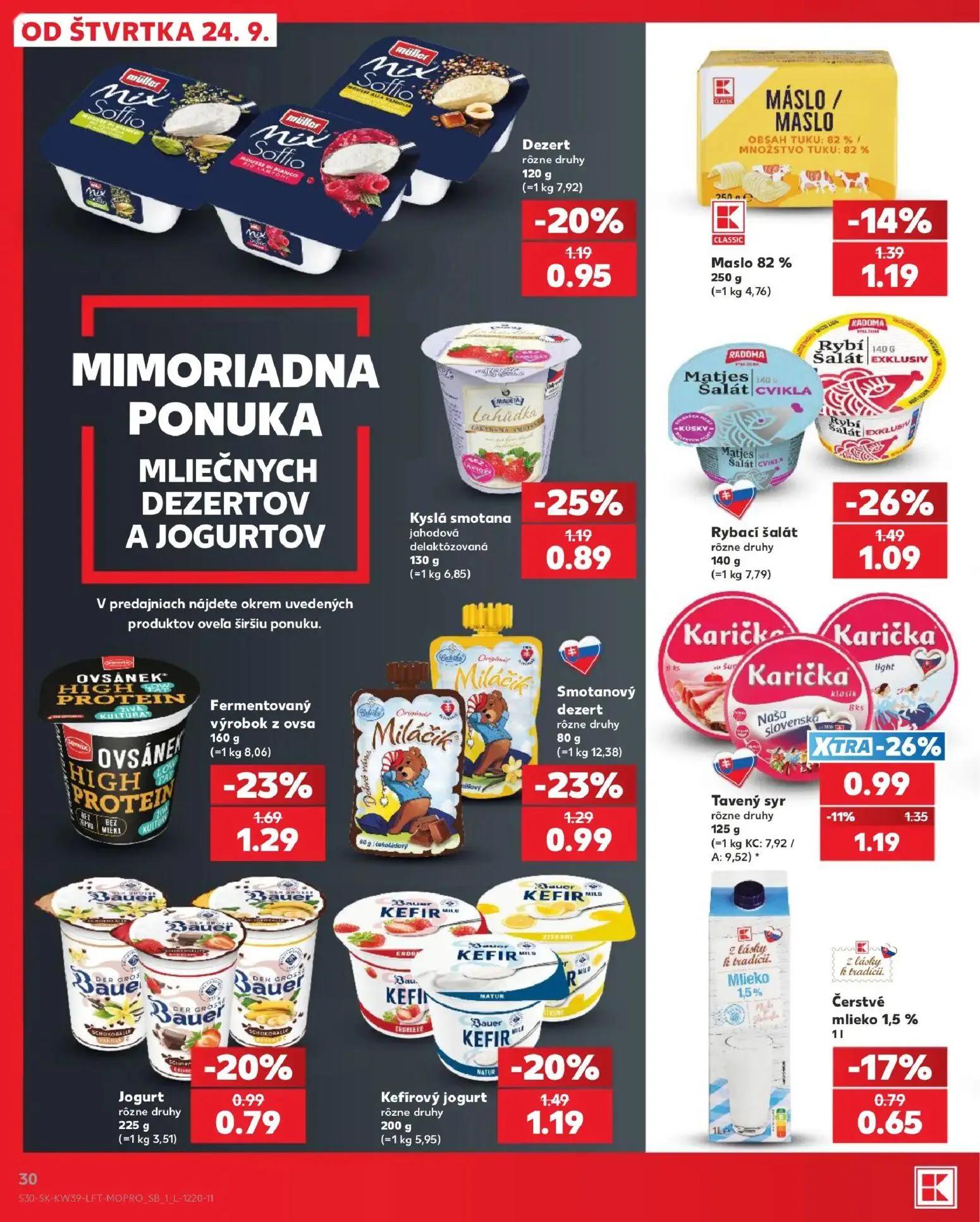 Kaufland leták, strana 30 z 82 — Rybací šalát, Fermentovaný výrobok z ovsa, Tavený syr