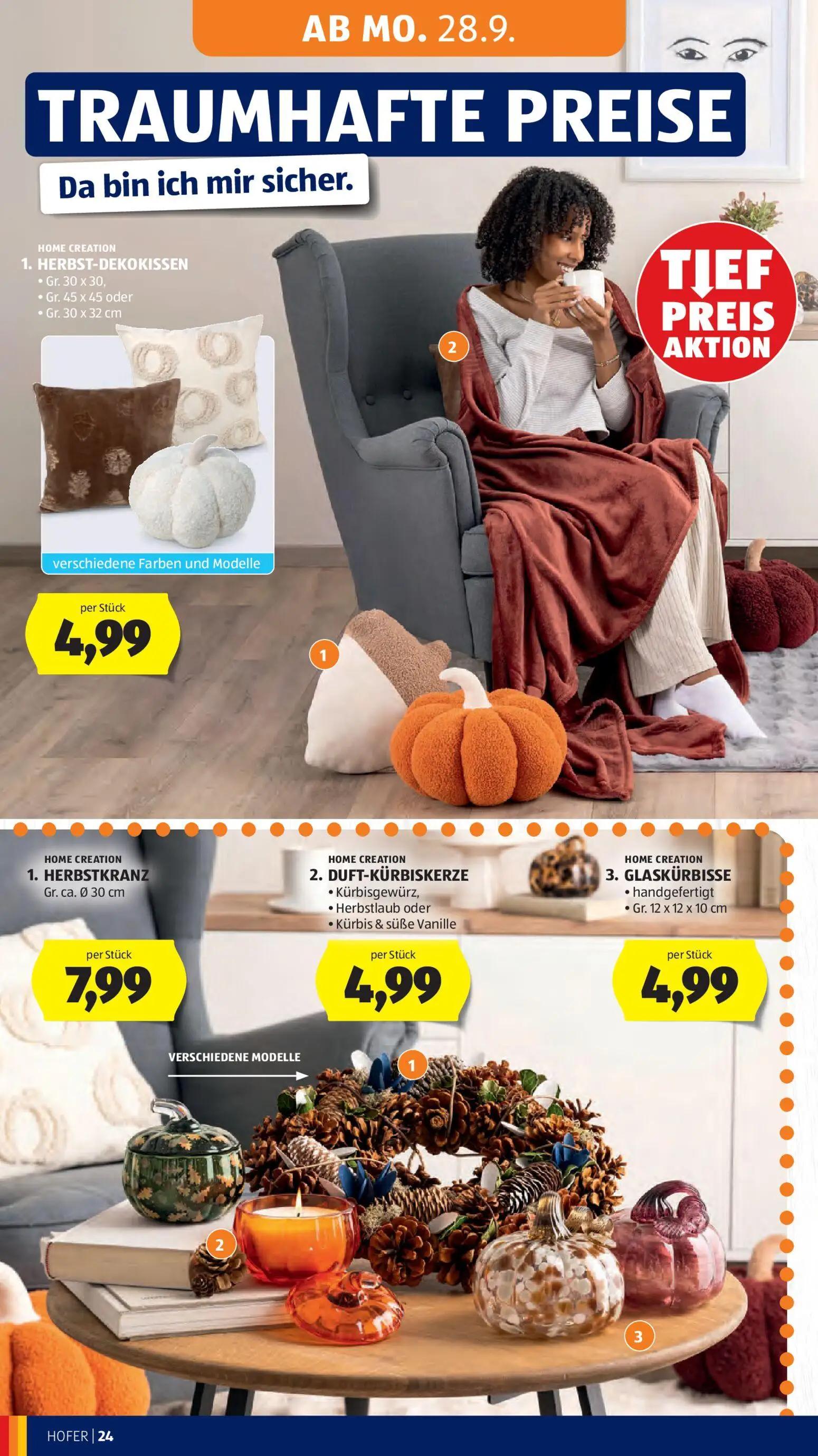 Hofer Prospekt, Seite 32 von 49 — HERBST-DEKOKISSEN, HERBSTKRANZ, DUFT-KÜRBISKERZE