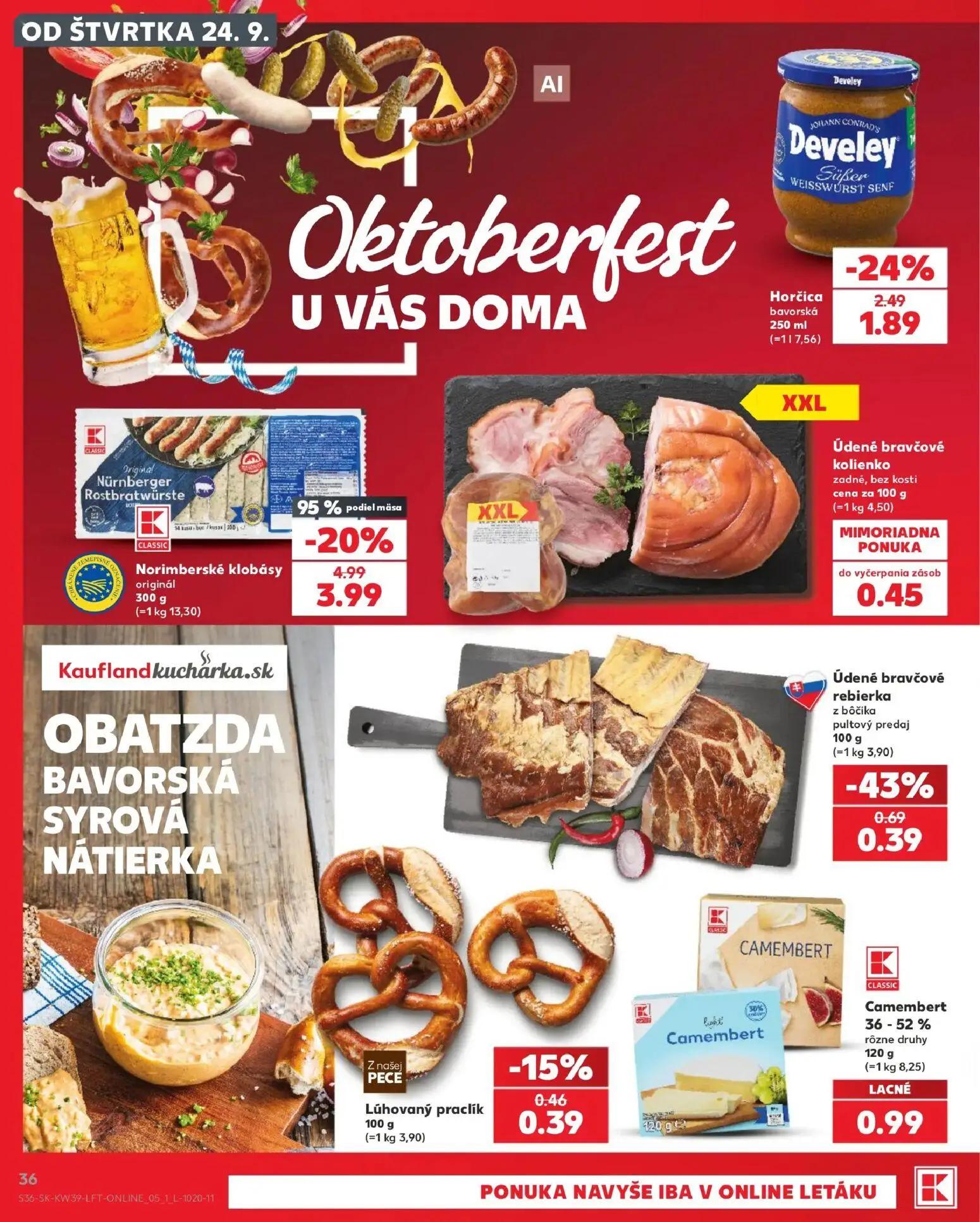 Kaufland leták, strana 36 z 82 — Norimberské klobásy originál, Horčica bavorská, Údené bravčové rebierka z bôčika pultový pr…