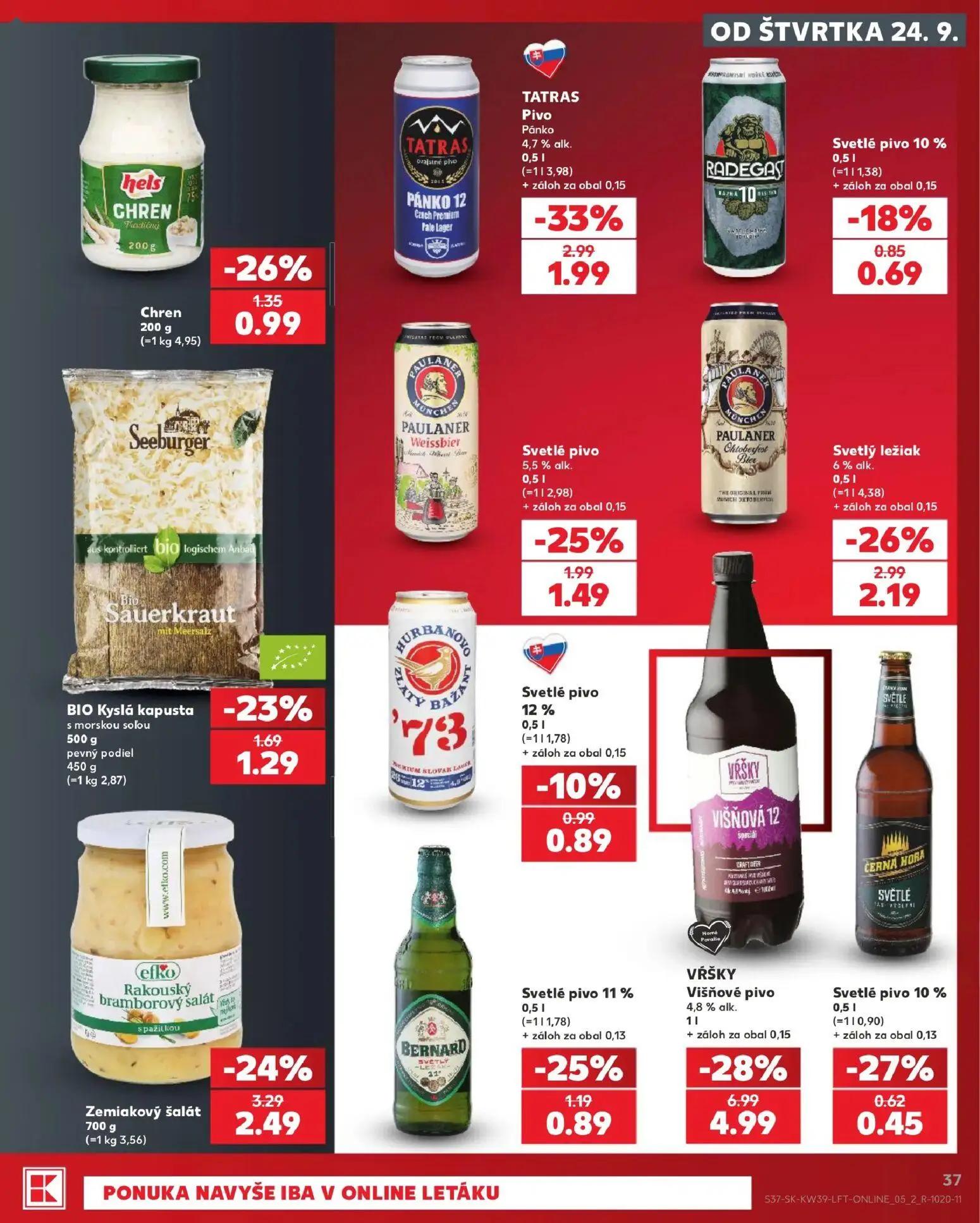 Kaufland leták, strana 37 z 82 — VŔŠKY Višňové pivo, TATRAS Pivo Pánko, Svetlý ležiak