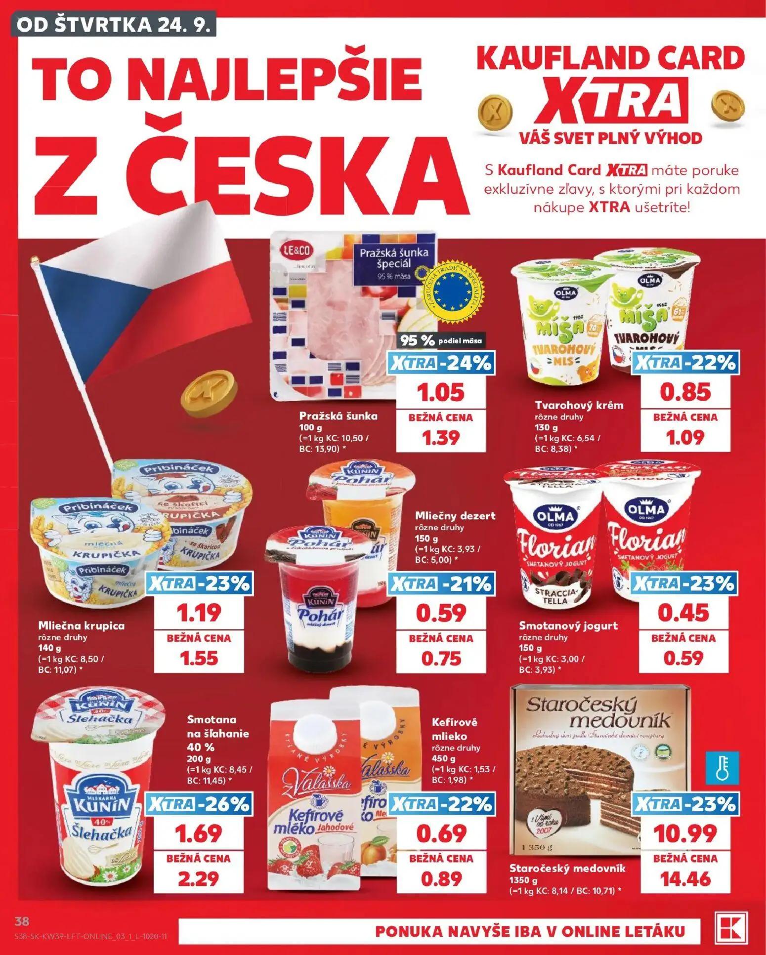 Kaufland leták, strana 38 z 82 — Staročeský medovník, Smotana na šľahanie 40%, Mliečna krupica