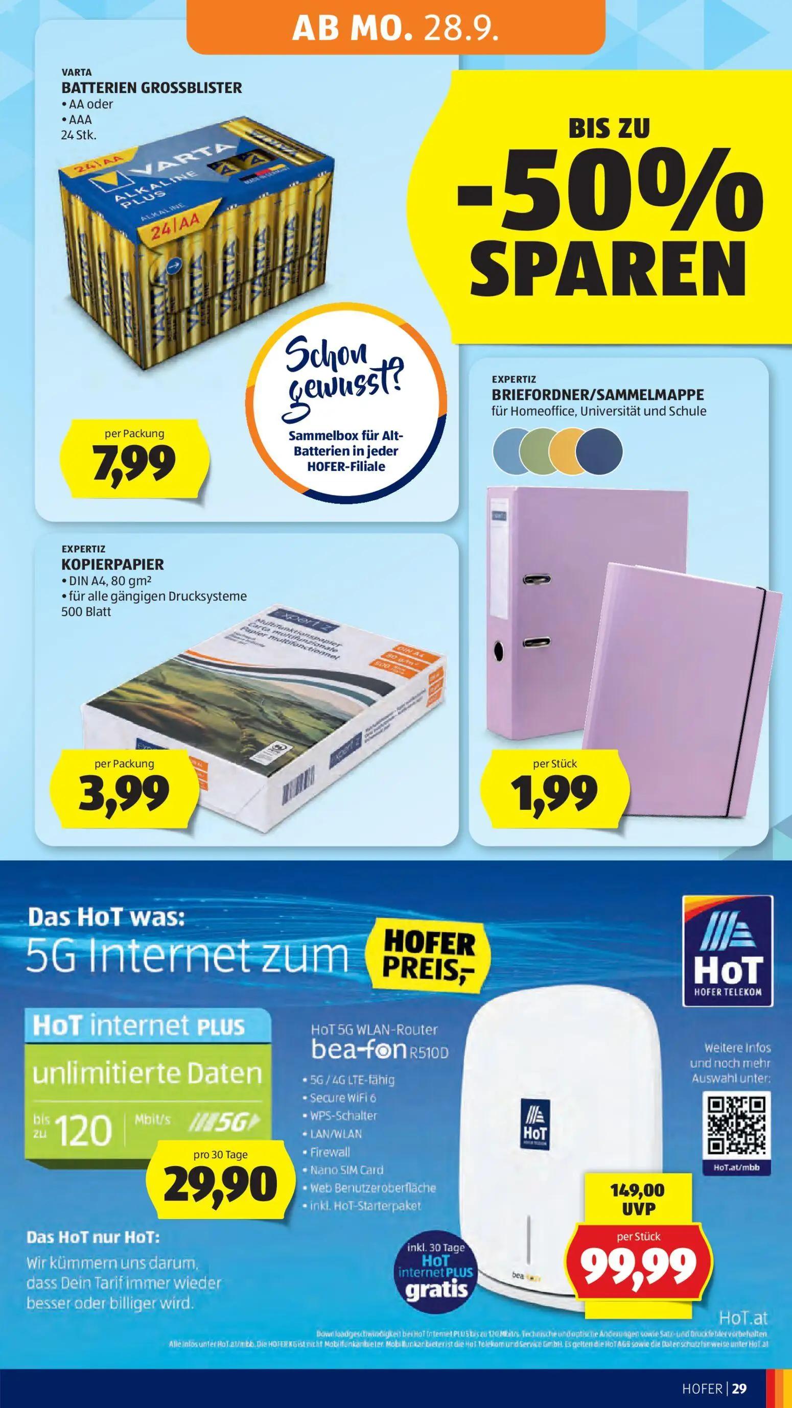 Hofer Prospekt, Seite 37 von 49 — HoT 5G WLAN-Router bea-fon R510D, VARTA BATTERIEN GROSSBLISTER, KOPIERPAPIER
