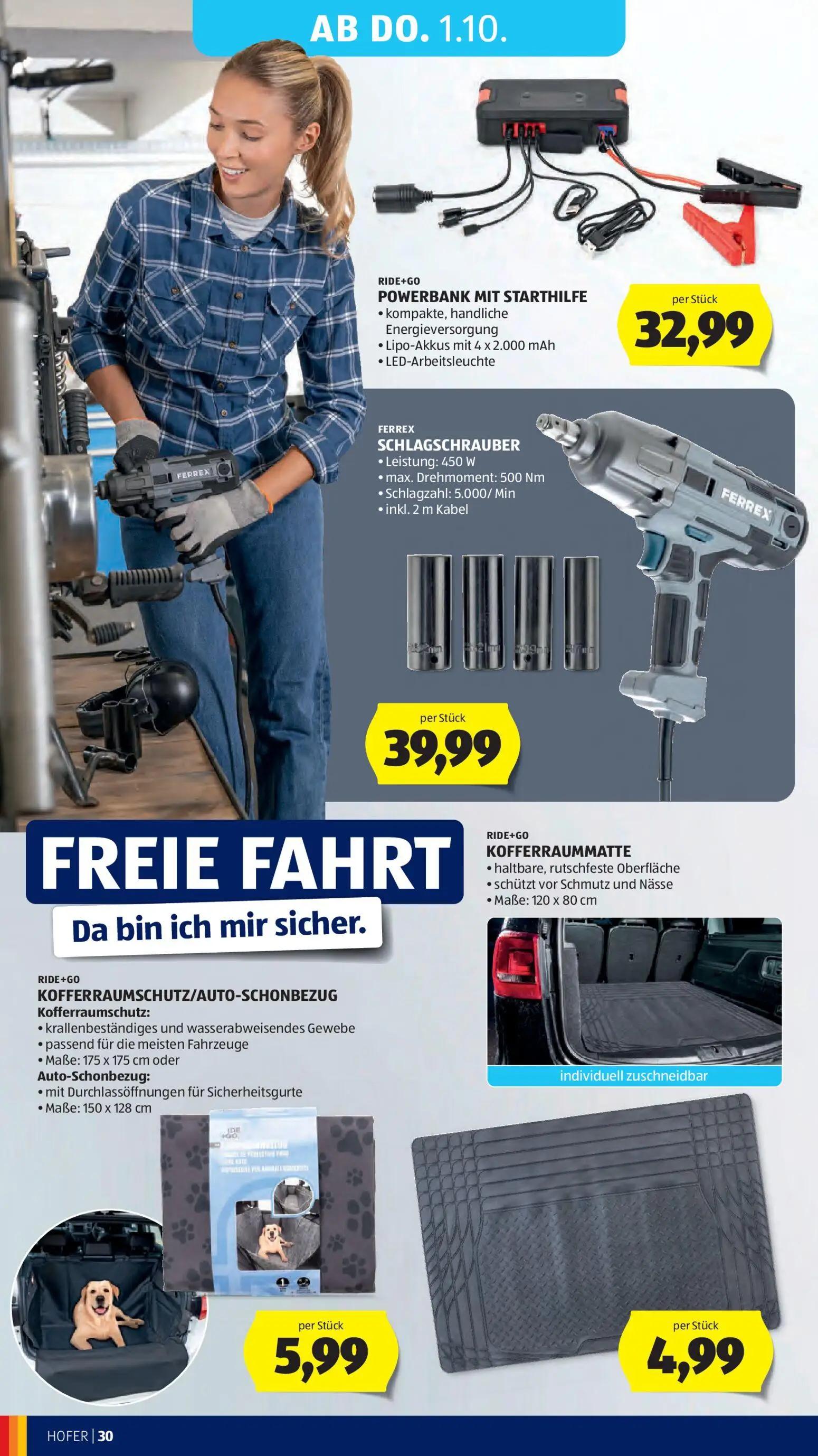 Hofer Prospekt, Seite 38 von 49 — POWERBANK MIT STARTHILFE, SCHLAGSCHRAUBER, KOFFERRAUMMATTE